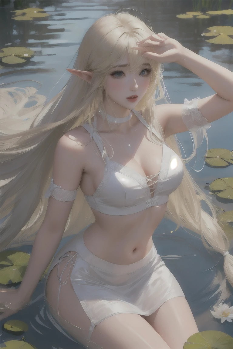 Elf, white skin like china, 20 year old woman, fantasy world, flowers in background, blurred background, side-string, piercing ears, wet thin white cloth wrapped around body, live action, f/1.8, 85mm, canon, high detail, high resolution, 8k, 16k, covering breasts with white cloth, covering waist with cloth, bathing, wet thin clothes, smiling, spring, sitting, hiding breasts with both hands, Chest up, with upturned large tips, upper body, close up face, cleavage