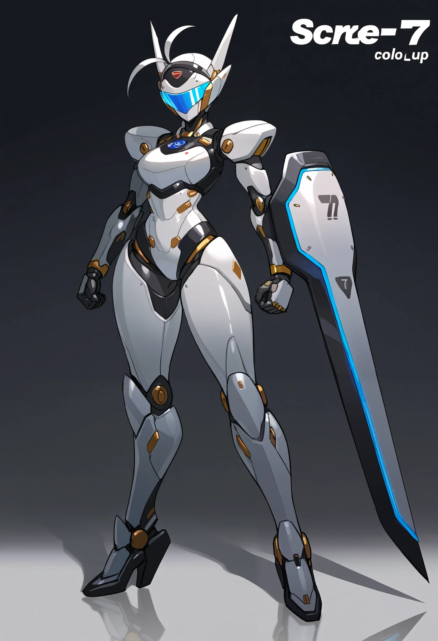 NSFW,masterpiece, 最 High Quality , High Quality , very detailed, analog illustration style,Handwriting style, glossy skin, standing picture ,One robot,gray color, bodysuit,Feminine body,Heavy Armor,Shield Arm,Large legs, neon light visor,Blade Antenna,cool robot head,Japan robot , robot with pussy