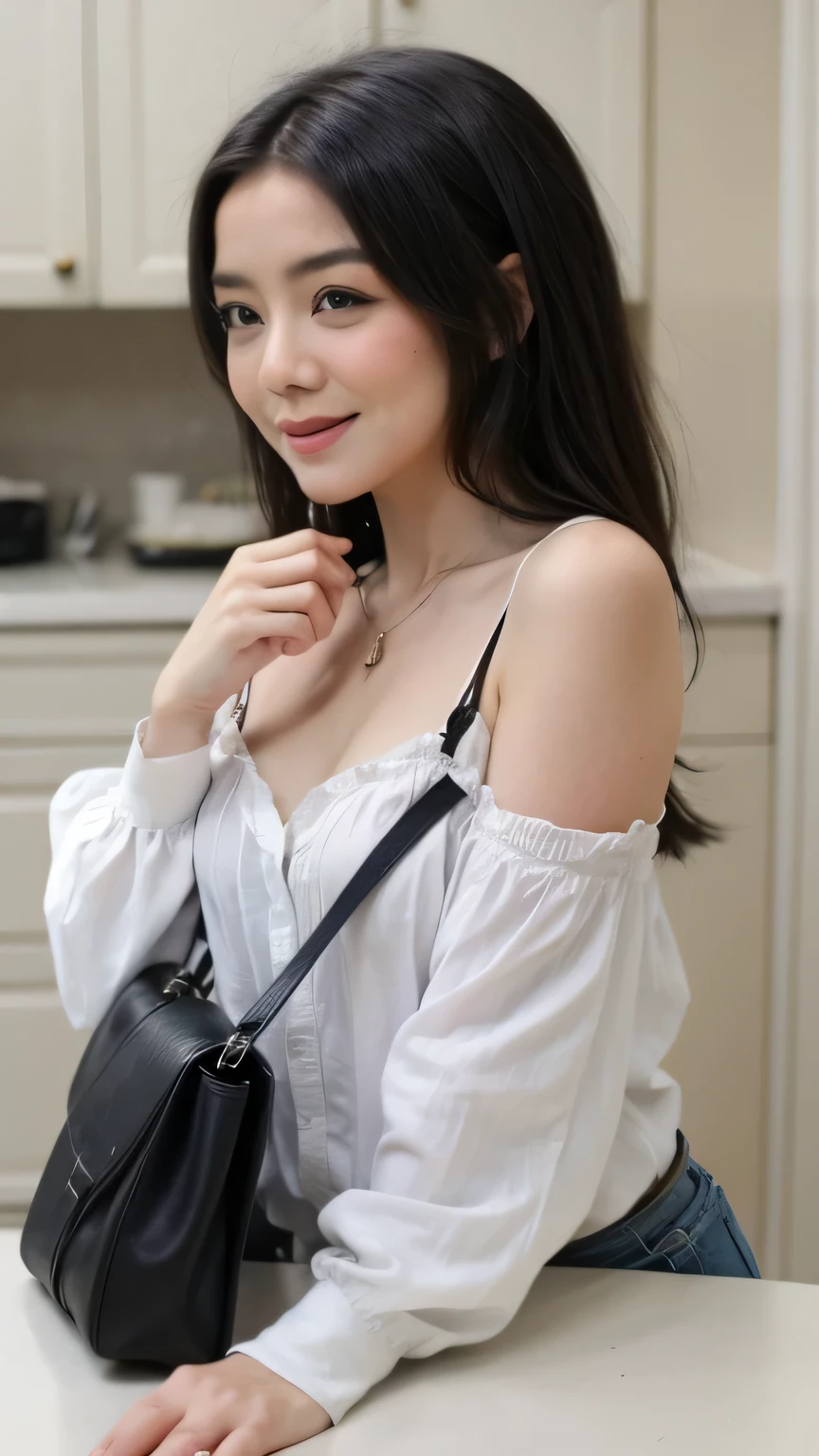 British lady with long black hair sitting at the restaurant in London