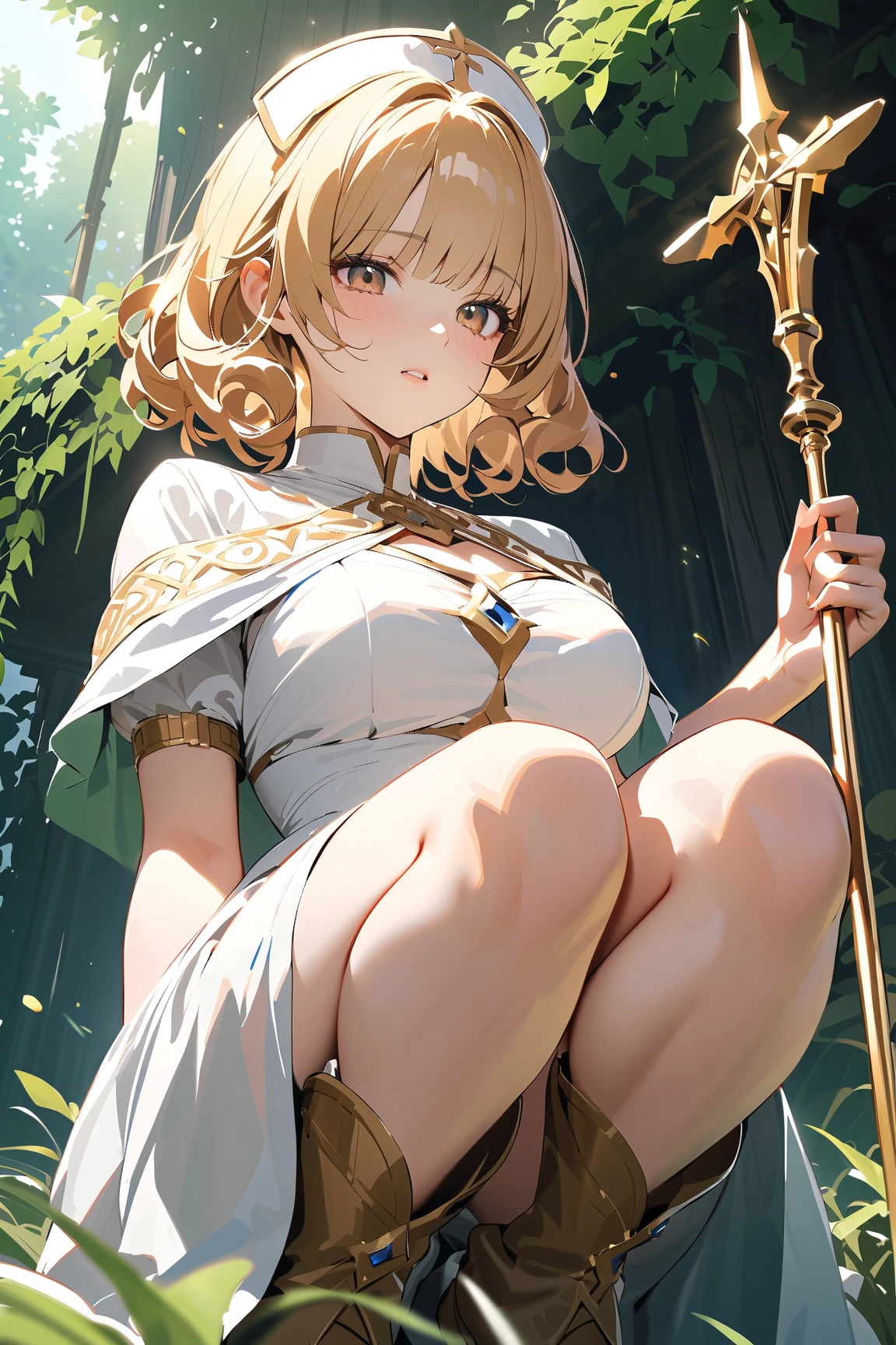 (drooping eyes, sleepy face, angle from below, realistic skin), long thick braid, open legs, casual-dress, outside mountain, (medieval kingdom, long white robe with gold trim), ((dark hour of dawn)), (straddling to hit her crotch on the the stone monument and wizard's cane for masturbation), panties, tiny earrings,