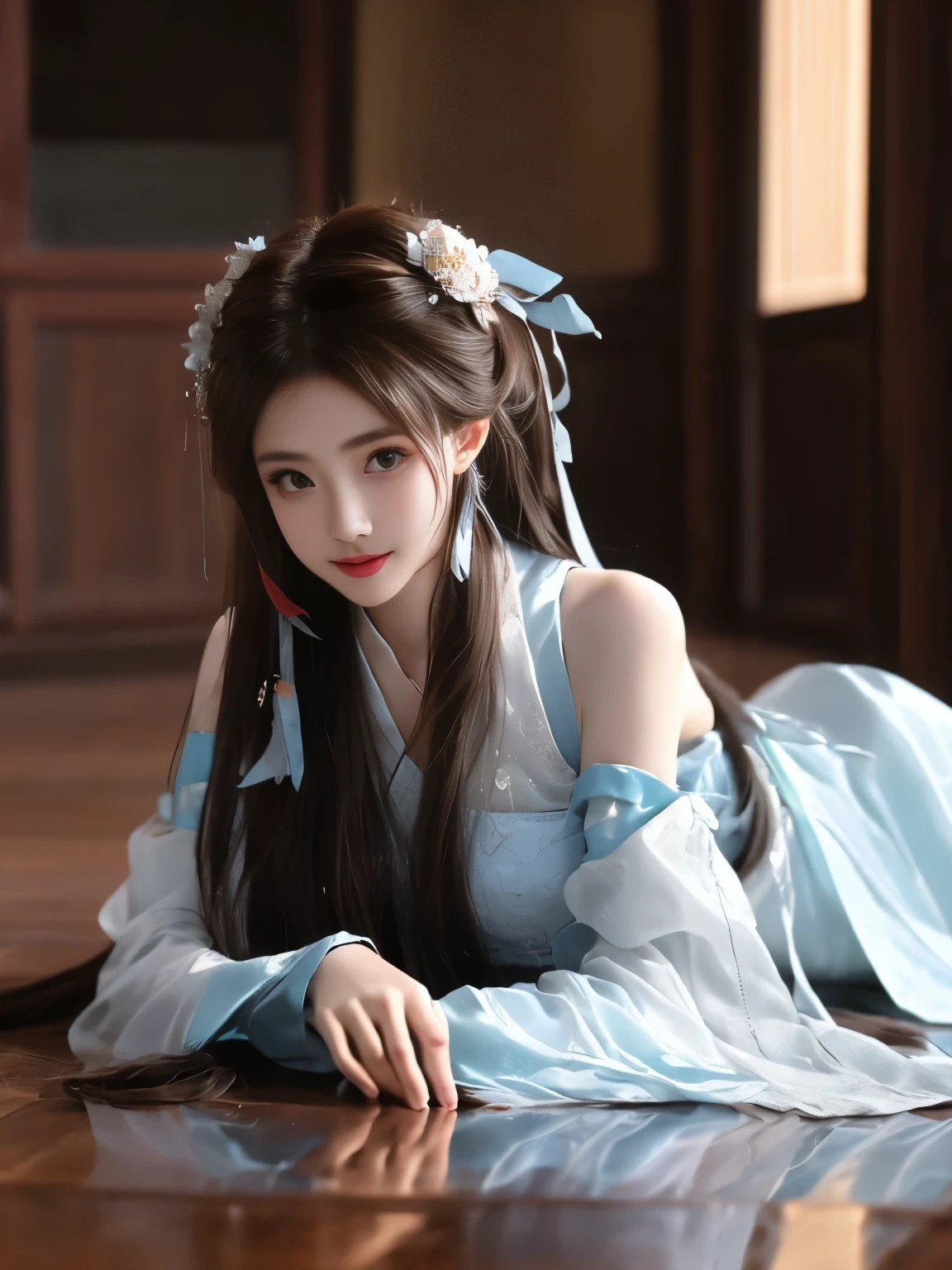 suwen, 1girl, solo, cosplay, hanfu,chinese clothes, necklace, bare shoulders, detached sleeves, long sleeves, detached collar,shoes, hair ornament, hair ribbon, hair flower, jewelry, long hair, brown hair, bangs,
(masterpiece, best quality, high resolution, 8k, realistic photo), beautiful young woman, fashion model, slim athletic figure, long legs, perfect body proportions, lying on wooden floor, propped up on elbows, feet flat on floor, hips slightly raised, top-down camera angle, soft studio lighting, professional photography, shallow depth of field, full body shot, anatomically correct, professional modeling pose, flawless skin texture, detailed facial features, slight smile, glossy lips, defined jawline, high cheekbones,modern indoor setting, wooden floor with natural grain texture, soft shadows, professional retouching, cinematic color grading, moody atmosphere, subtle makeup, long flowing hair with natural waves, elegant posture, perfect composition