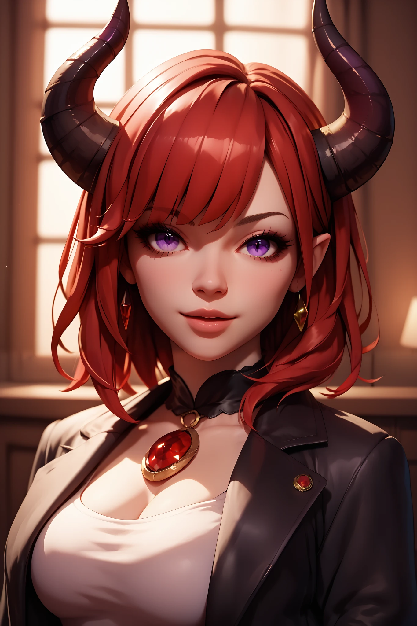 Slave girl, slave, chained girl, short red hair, black eyes, black goat horns, collar around the neck, collared girl, tanned skin, curvy body, extremely detailed eyes and face, beautiful detailed lips, long eyelashes, dramatic lighting, fantasy, mystical, magical, 8k, best quality, masterpiece, realistic, photo-realistic, full body, fantasy