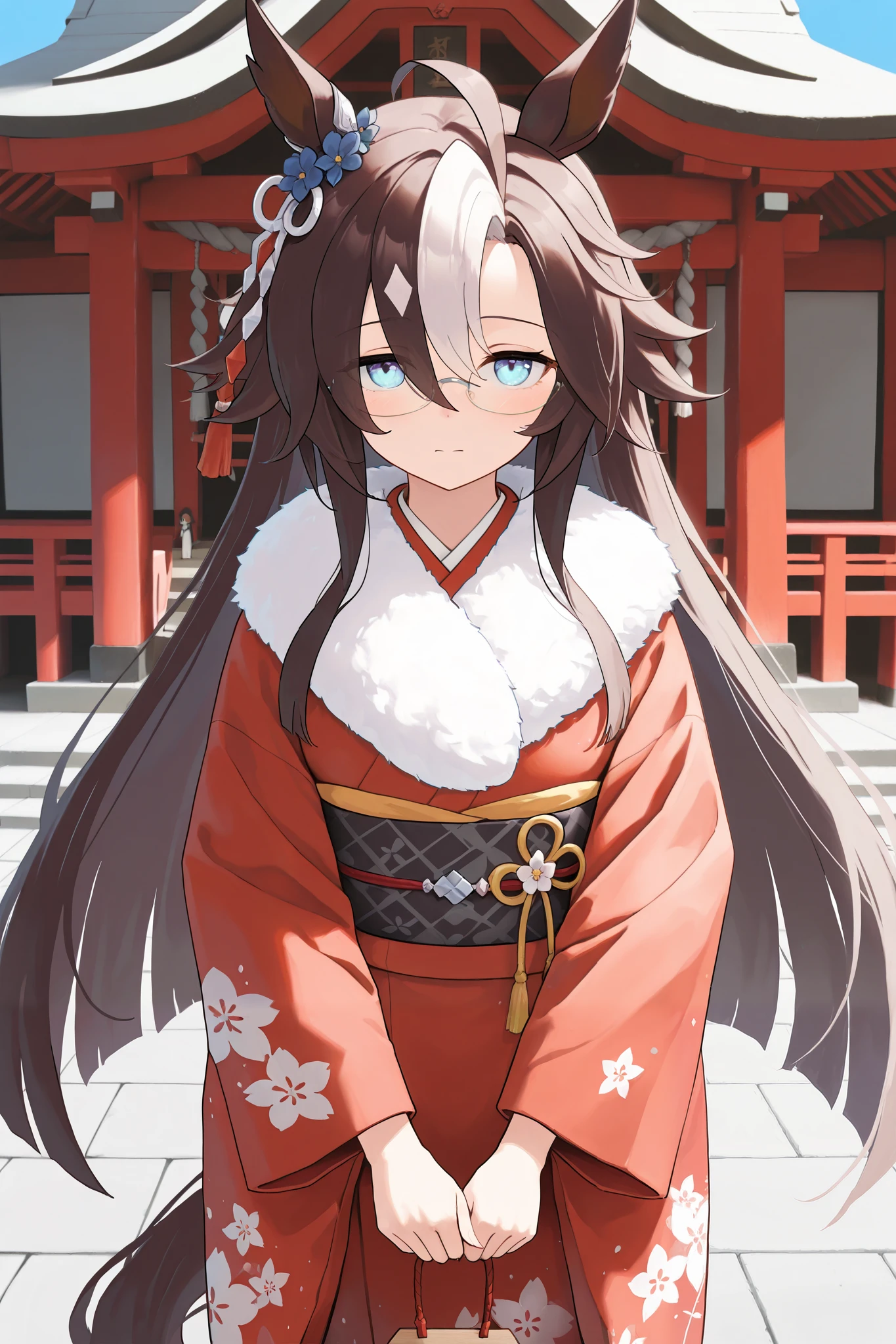 NSFW,masterpiece, best quality , high resolution, very detailed on trends,dreamjourney\( Uma Musume\),blue eyes,Glasses, kimono,Long-sleeved kimono,fur collar,shrine,first visit of the year to a shrine
