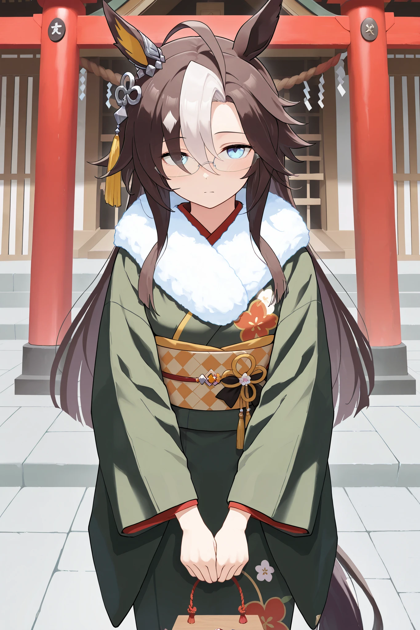 NSFW,masterpiece, best quality , high resolution, very detailed on trends,dreamjourney\( Uma Musume\),blue eyes,Glasses, kimono,Long-sleeved kimono,fur collar,shrine,first visit of the year to a shrine