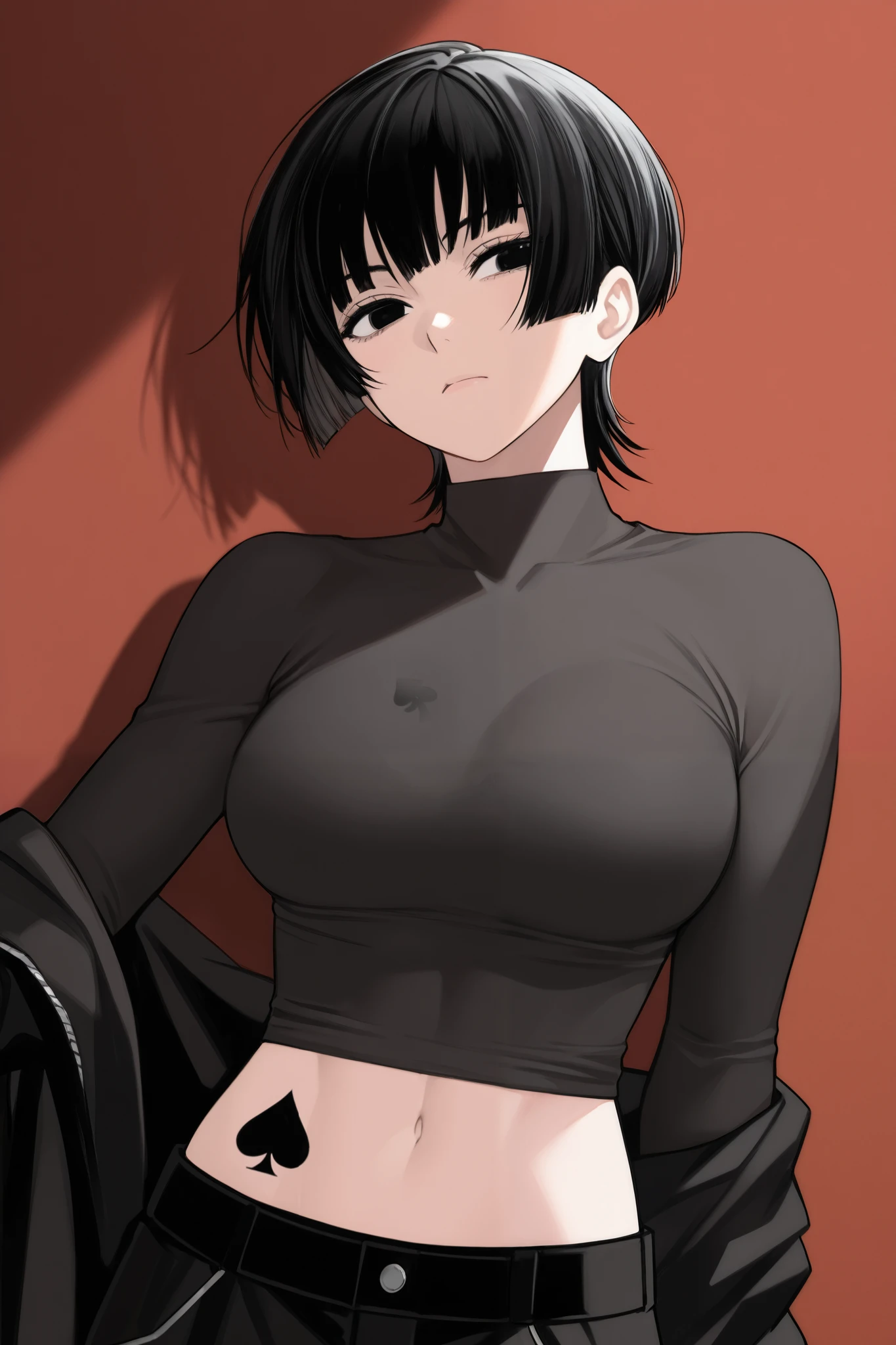 Short messy wolfcut black hair, black eyes, athletic, girl, queen of spades tattoo