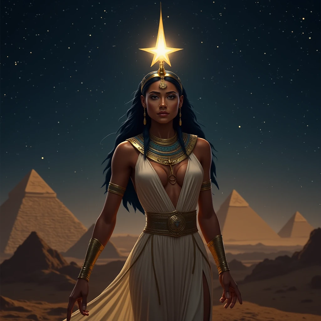 **Isis (Egyptian Goddess)**: Illustrate Isis, the Egyptian goddess of magic and motherhood, wearing a headdress with a throne symbol, holding an ankh in one hand and a scepter in the other. She is surrounded by a glowing aura, with the Nile River and pyramids in the background, under a starlit sky. —ar 9:16 —s 1000