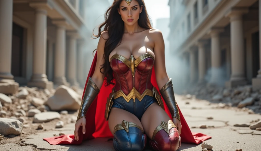 Create an image of a sexy and tall dark brunette with slightly wavy hair, standing at 175cm tall. The woman should be dressed as Wonder Woman, showcasing her hot armor and amazing physique with an hourglass silhouette. The background should be a destruction scene, adding to the dynamic and alluring nature of the image. The overall look and feel of the image should be that of a dynamic and alluring scene, with a focus on creating a dynamic and alluring image that showcases the woman's sex appeal as a superhero, viki odintcova