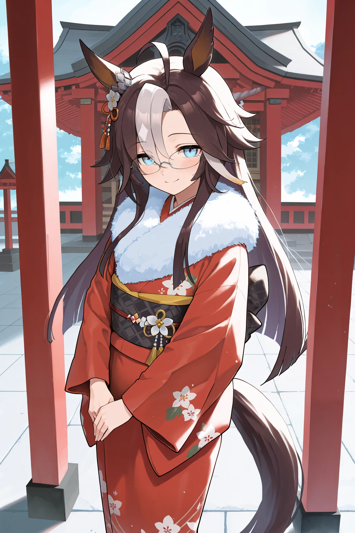 NSFW,masterpiece, best quality , high resolution, very detailed on trends,dreamjourney\( Uma Musume\),blue eyes,Glasses, kimono,Long-sleeved kimono,fur collar,shrine,first visit of the year to a shrine,smile