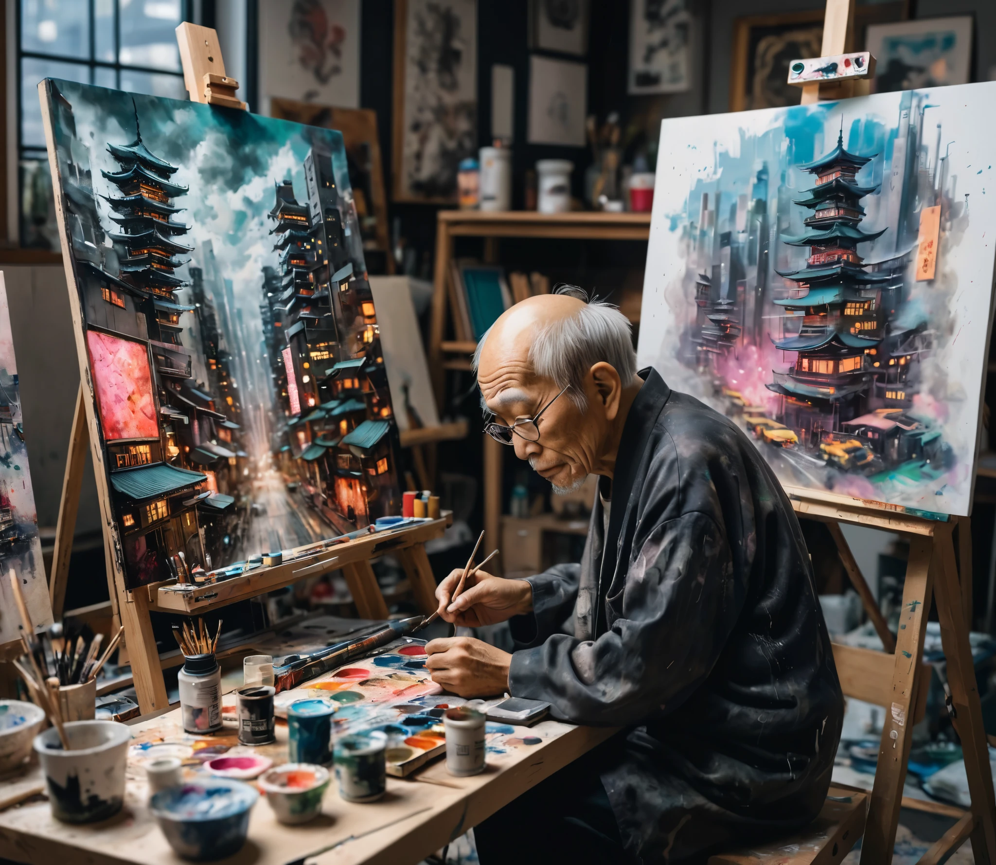 photo, a old JAPANESE man sitting in a art studio is painting a buzzling cyberpunk city