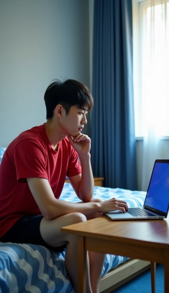 Indoor background, professional real photo realistic likely bedroom. A 24 year old young Korean man with short black hair, wearing a red t-shirt and black chinos shorts above his knees, sits on the bed with his chin resting on his hand, looking deep in thought. Beside him is a laptop on a wooden table, displaying a blue screen. The room is painted in pastel gray and blue, with a window on the right, letting in soft light. The bed has a blue and white chelsea fc blanket, and there is a blue and white chelsea fc carpet on the floor. The overall atmosphere of the photo is contemplative and calm. HD 64K image quality.