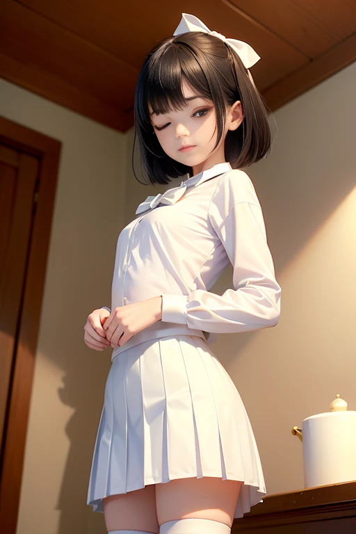 (masterpiece、Highest quality:1.7)、(:1.5)、(Above the knee shot:1.5)、Bobcut、Black Hair、85mm、16K、Official Art、RAW Photos、Best Beautiful Faces、Close-up、Violet、Gardenia、((The best beautiful girl、very cute))、Red blush on cheeks、indoor、(Are standing:1.8)、Film Grain、Chromatic Aberration、Sharp Focus、(((Nice hands、Perfect hands、Perfect Fingers、Thin and delicate fingers、A perfect body without flaws)))、Detailed face、(Slender body:1.5)、(Slender body:1.4)、(Slim upper body:1.4)、(Small and flat bust:1.7)、(Let your bangs hang down:1.8)、(Blushing:1.8)、(Low contrast lighting:1.2)、(White tight business blouse with collar:1.5)、(White bow tie blouse:1.4)、(Long sleeve: 1.3)、(A very short white pleated mini skirt:1.8),(Holding his chest with his palm:1.5)、(Low angle from below:1.6),(The skirt is rolling up:1.7)