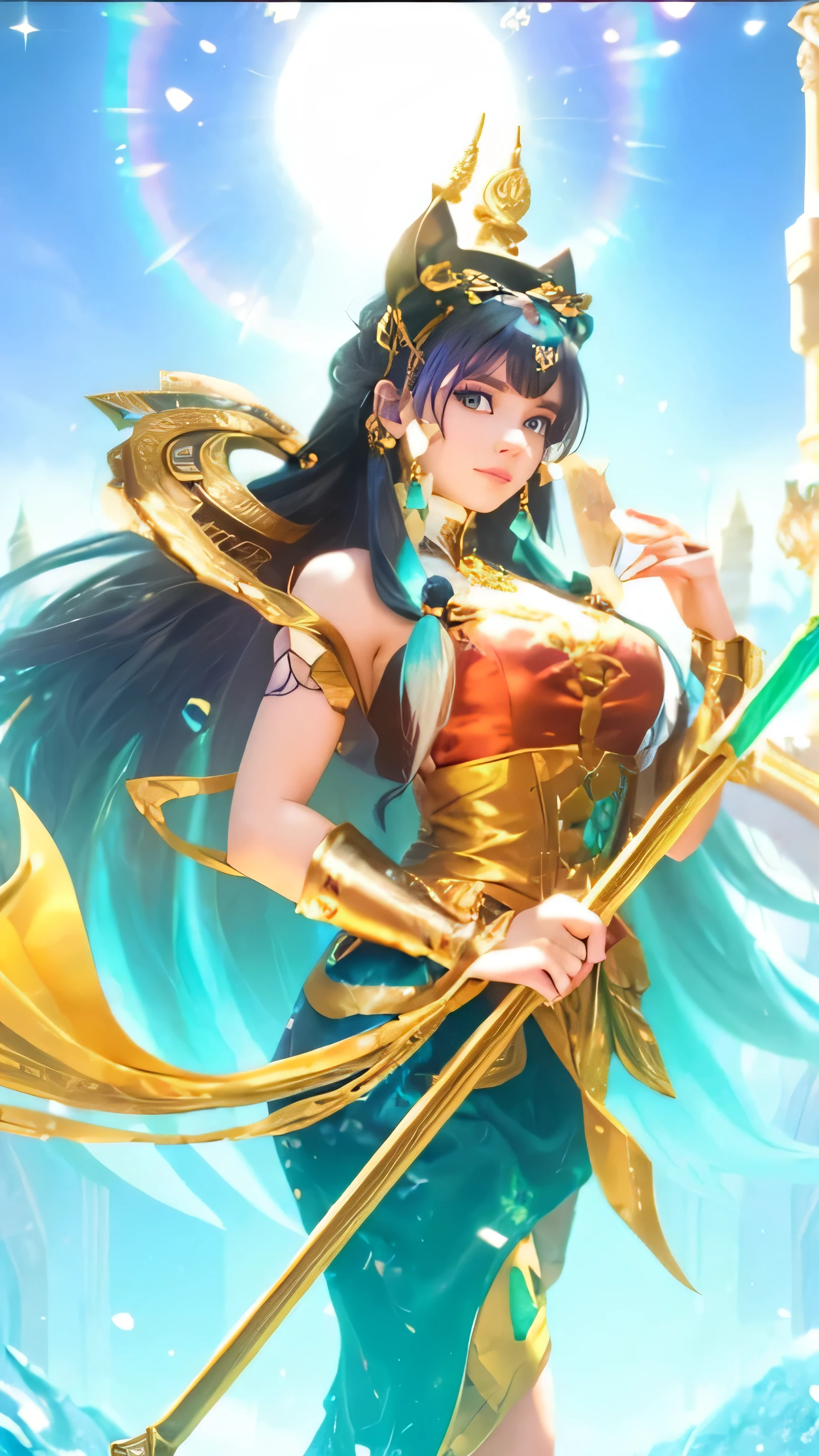 A young girl with long, dark purple hair tied into twin tails, wearing an elegant witch dress in black with purple and gold accents, adorned with lace and ribbons. She holds a magical rabbit doll that is purple with white and gold accents. Her large purple eyes are full of energy and cheerfulness. She wears high boots with long, striped socks, standing against a mystical magical world backdrop, filled with a magical aura and shimmering lights."