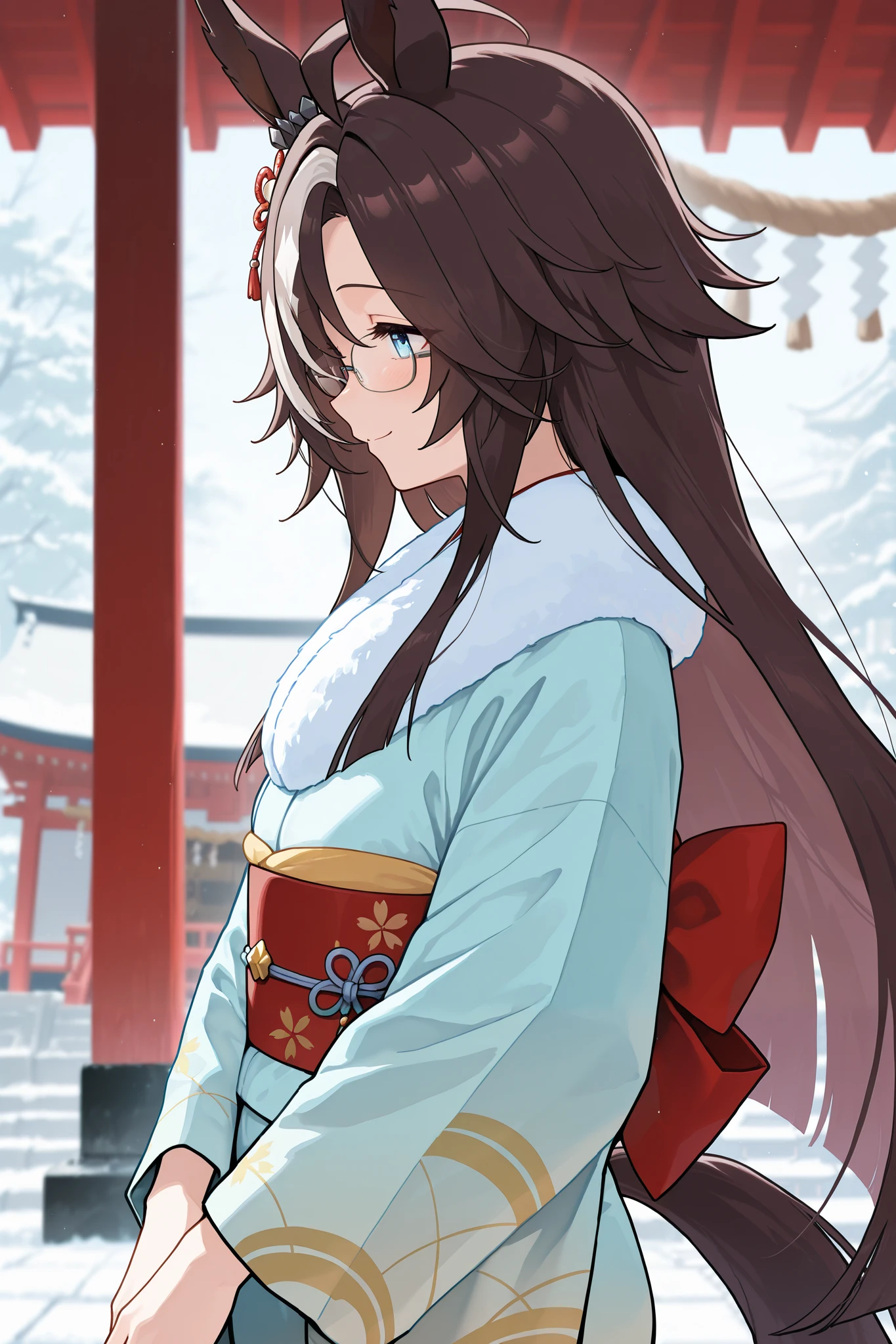 NSFW,masterpiece, best quality , high resolution, very detailed on trends,dreamjourney\( Uma Musume\),blue eyes,Glasses, kimono,Long-sleeved kimono,fur collar,shrine,first visit of the year to a shrine,smile,profile,Look this way