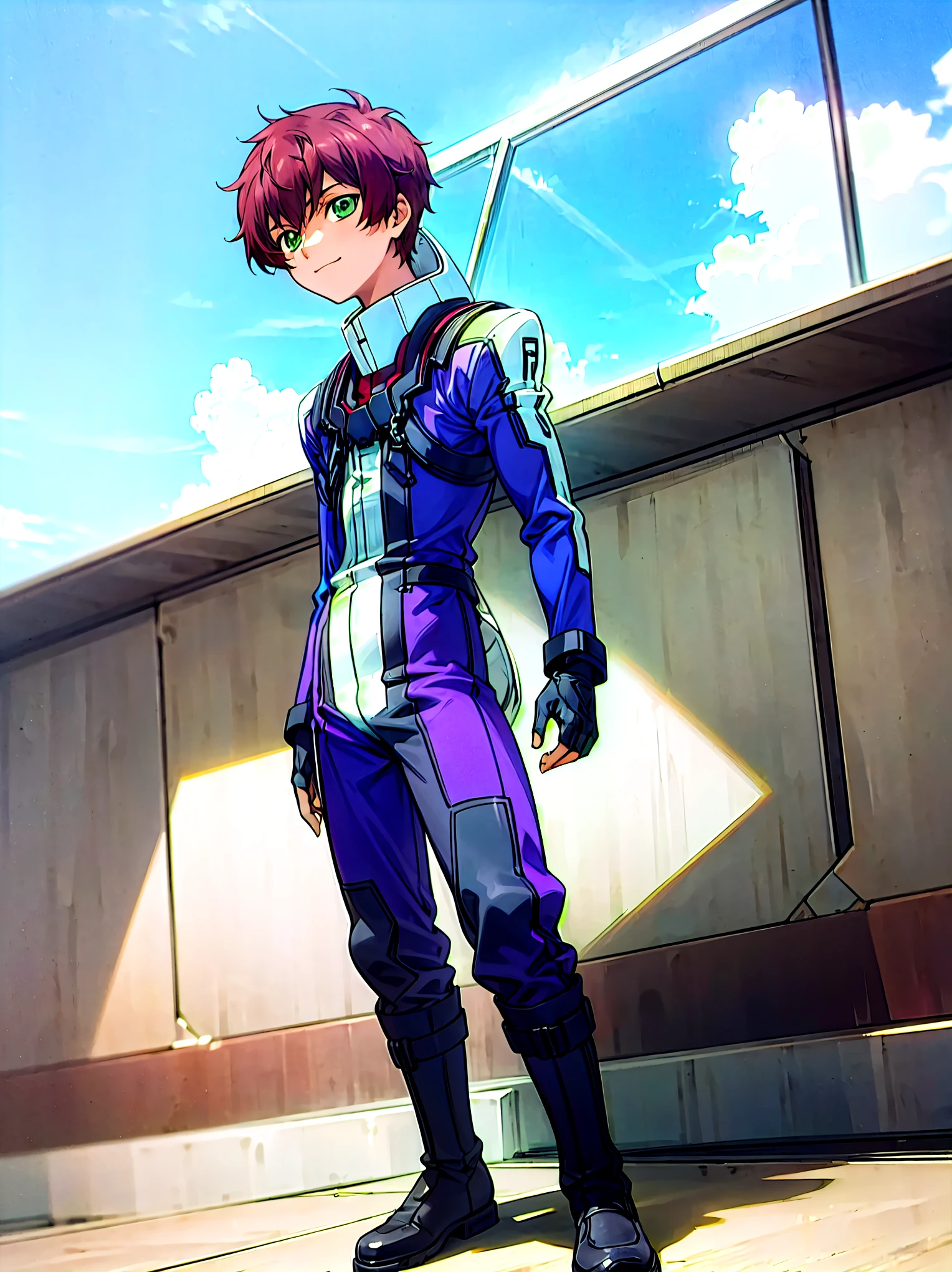 fromm vantarhei\(buddy complex\),1boy, solo,brown hair, green eyes,wears pilot suit,standing,outdoors,daytime,blue sky,happy expression,full body shot,black boots,