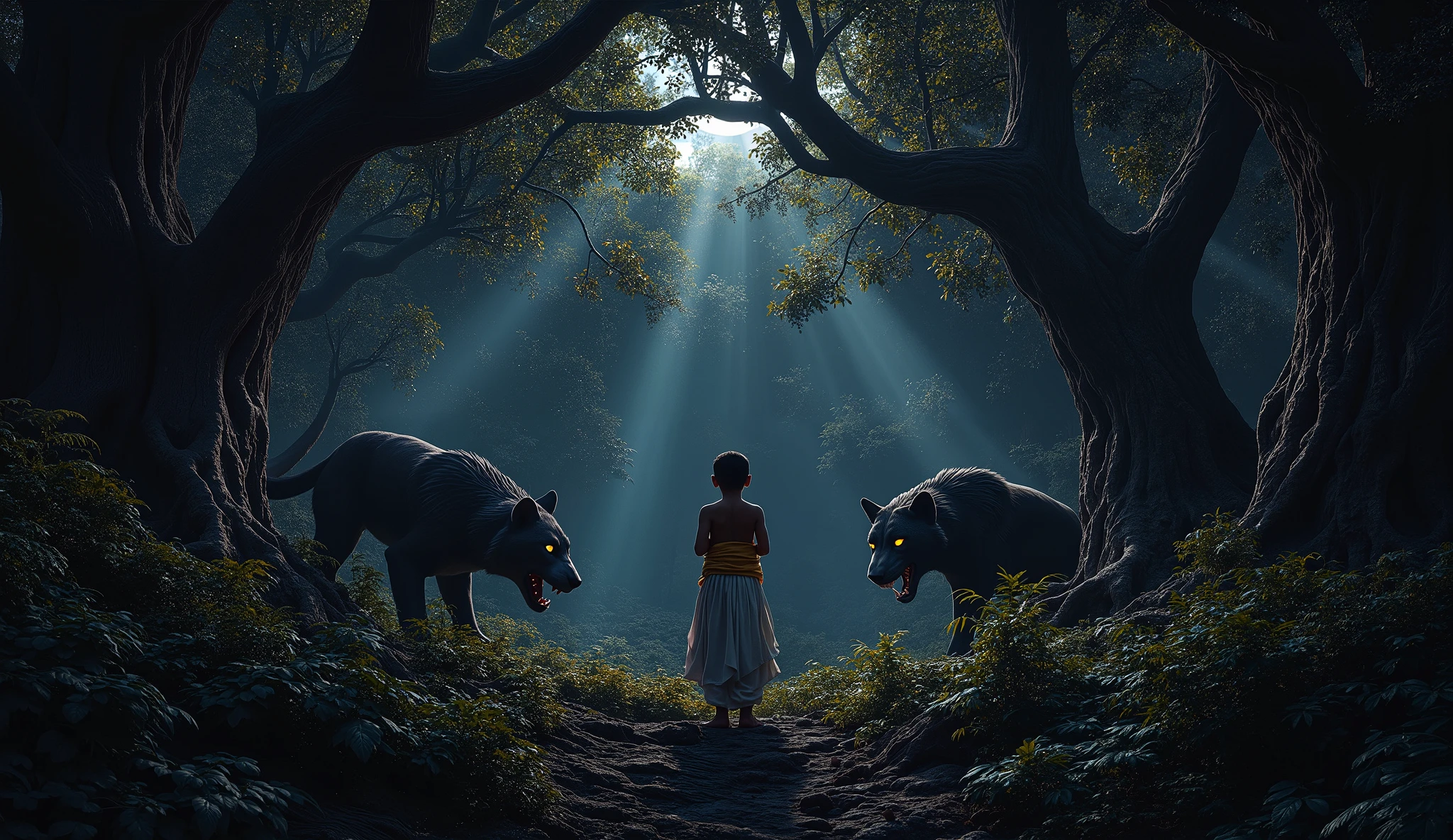 **Image Prompt:**
"In the midst of a dense, dark forest, young Dhruva stands alone, surrounded by towering, ancient trees with thick, twisting roots. The trees are so close together that only slivers of moonlight penetrate through the dense canopy, casting eerie shadows across the forest floor. The air is thick with mystery and tension. The underbrush is thick with bushes and ferns, making the atmosphere heavy and suffocating.
From the shadows of the trees, terrifying wild animals can be heard growling and roaring. Their eyes glow with a menacing yellow light, peering from behind the foliage. The growls echo through the forest, creating an unsettling atmosphere of danger. Dhruva, despite his fear, stands resolutely in the center of this ominous setting. His posture is tense, but his face is determined, showing a young boy’s courage in the face of the unknown. His white dhoti and yellow sash rustle in the wind, his small hands still folded in prayer as he focuses on his spiritual purpose.
The forest itself is alive with danger: enormous wolves, tigers, and panthers with sharp, gleaming teeth emerge from the shadows, their silhouettes barely visible but their presence undeniably intimidating. Some animals crouch low, eyes fixed on Dhruva, while others prowl in the background. The pale moonlight casts long, sharp shadows, highlighting the predator-prey dynamic. The scene is charged with primal fear, yet Dhruva’s expression is one of deep inner peace, unaffected by the ferocity of the creatures around him."
