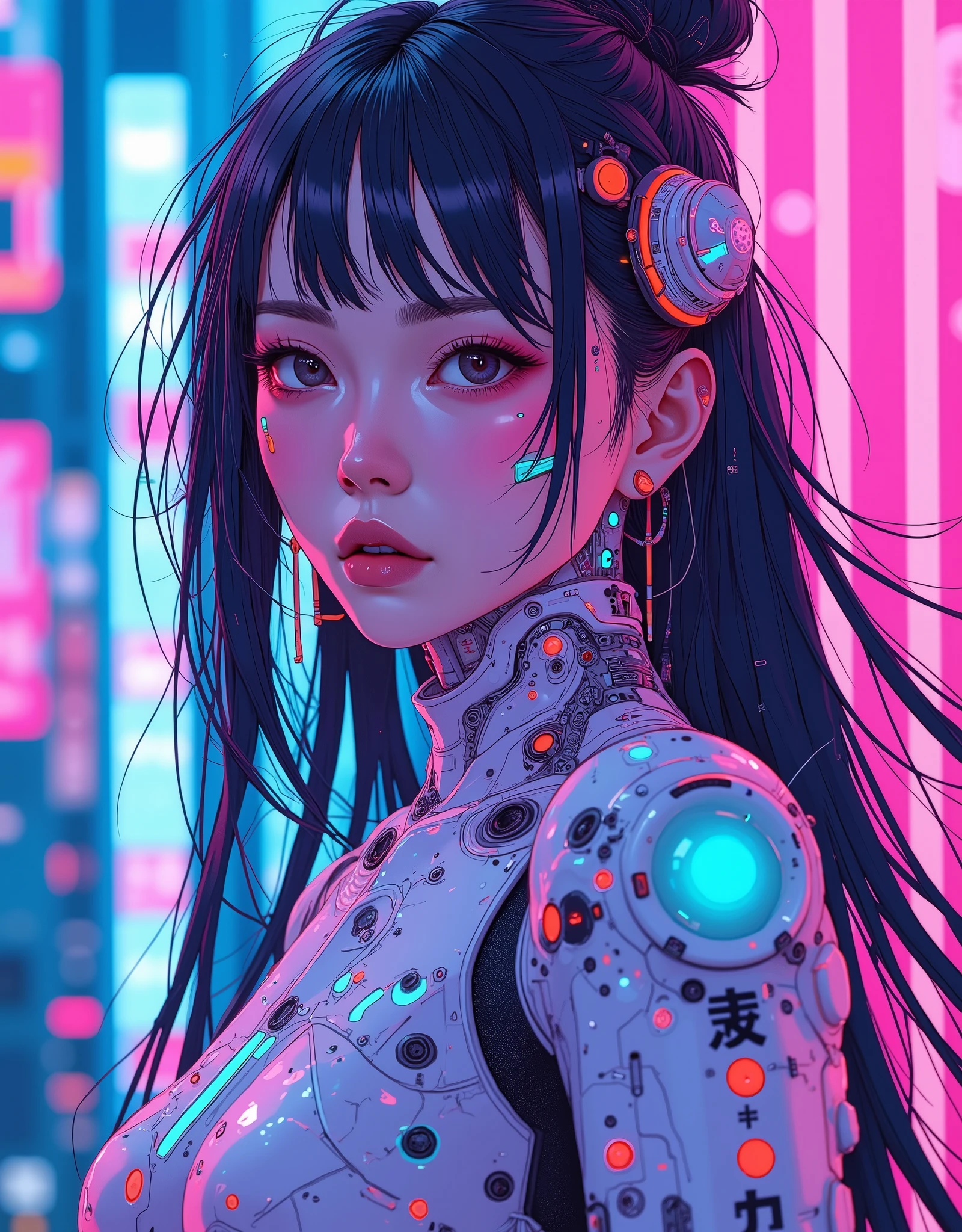 ((anime art style portrait) of (perfect Asian cyberpunk girl))), (((wearing incredibly detailed Harajuku clothing))), ((LED lights)), (shapeless long hair), ((dynamic pose)), perfect features, abstract beauty, near perfection, pure form, concept art, intricate detail, 8k post-production, High resolution, super Detail, trending on ArtStation, sharp focus, studio photos.