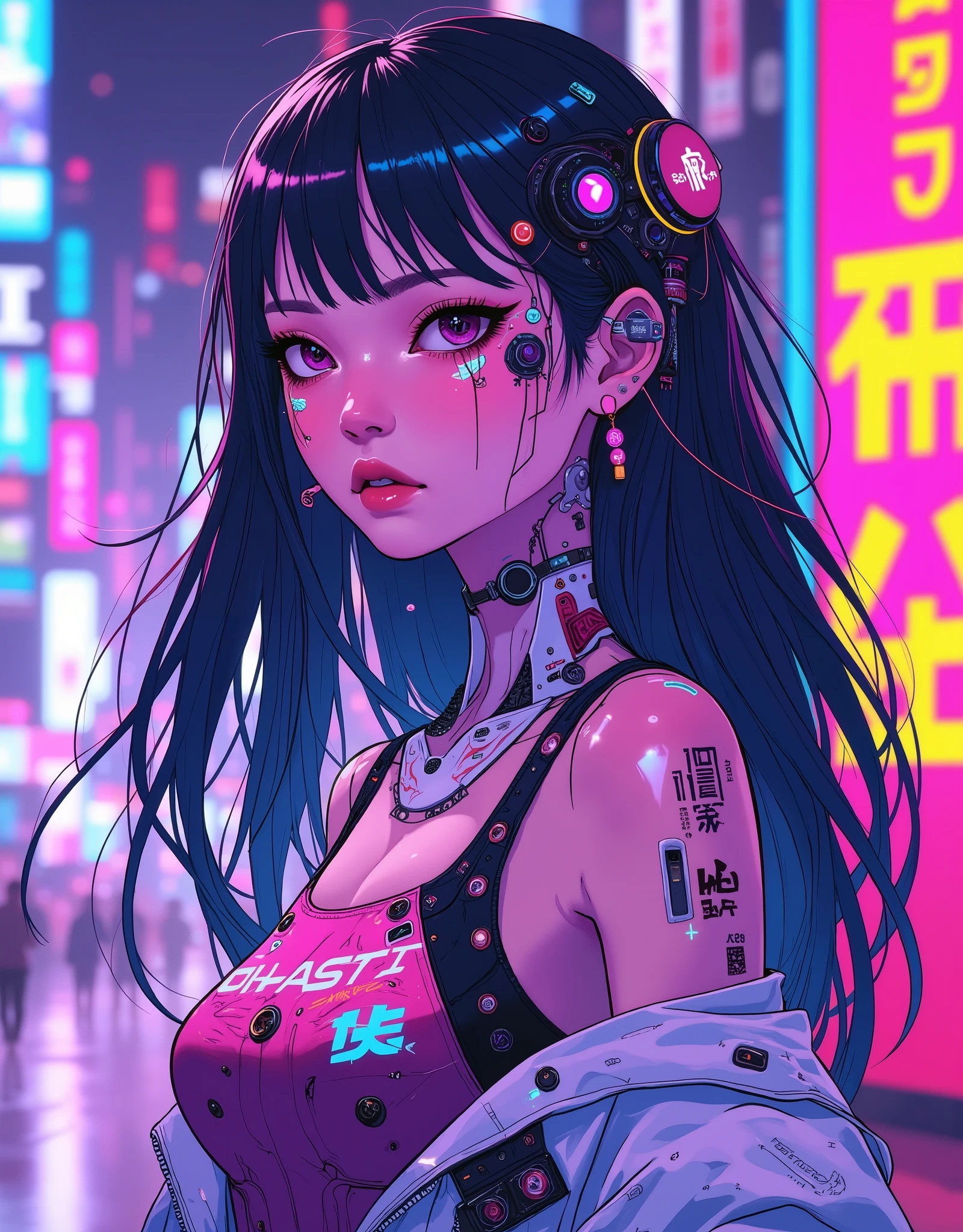 ((anime art style portrait) of (perfect Asian cyberpunk girl))), (((wearing incredibly detailed Harajuku clothing))), ((LED lights)), (shapeless long hair), ((dynamic pose)), perfect features, abstract beauty, near perfection, pure form, concept art, intricate detail, 8k post-production, High resolution, super Detail, trending on ArtStation, sharp focus, studio photos.