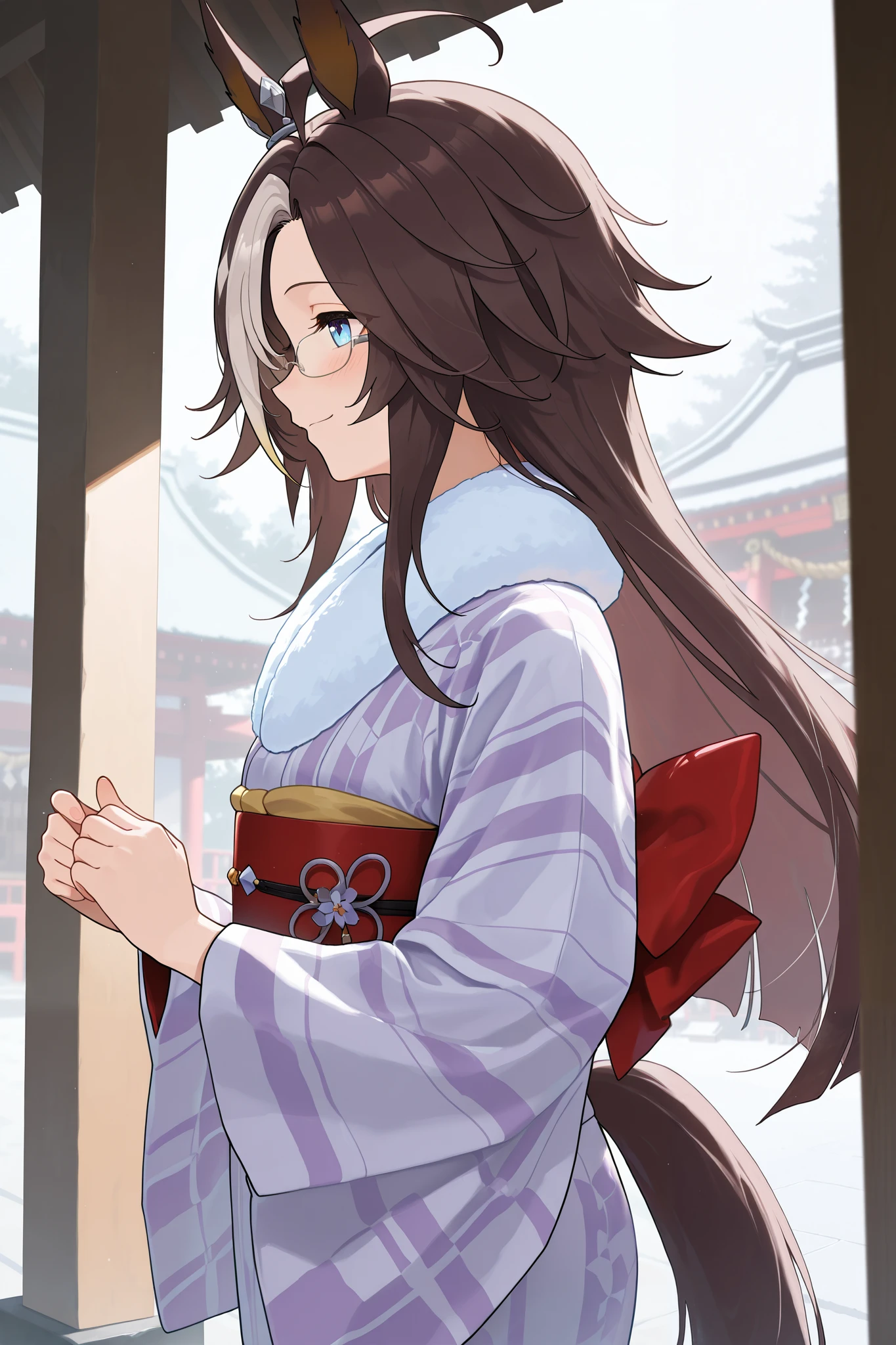 NSFW,masterpiece, best quality , high resolution, very detailed on trends,dreamjourney\( Uma Musume\),blue eyes,Glasses, kimono,Long-sleeved kimono,fur collar,shrine,first visit of the year to a shrine,smile,profile, looking at camera 