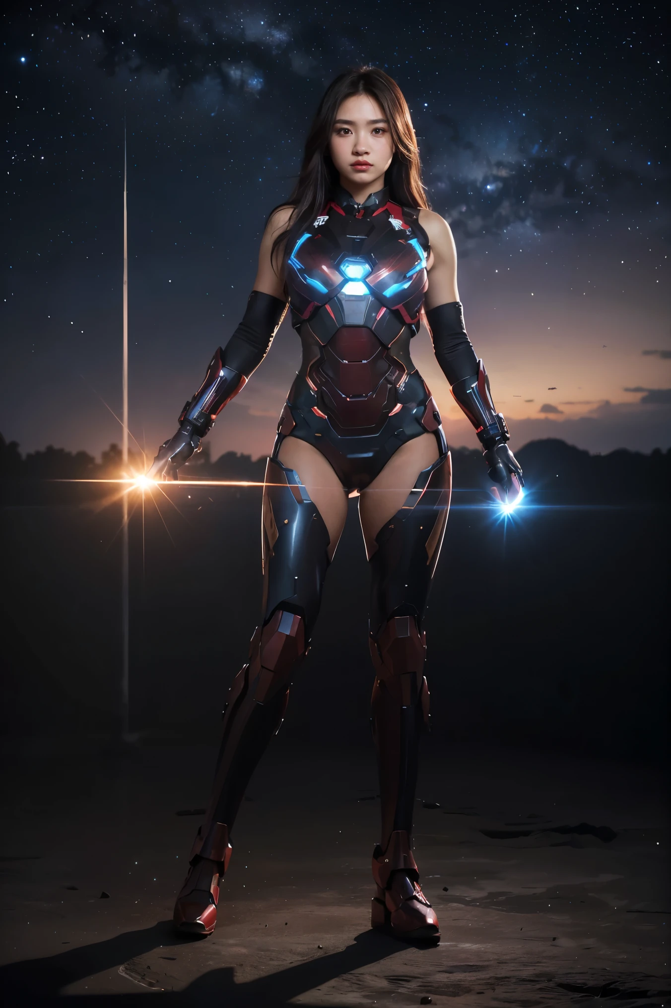Primitive, Masterpiece, super thin photo, Best quality, Ultra High Resolution , photorealistic , In the cosmic nebula,Full body standing photo, Incredibly beautiful, Cowboy fighting pose, Delicate face,Vibrant eyes, (frontage), huge boob,The Iron Man mech she wears, Black color scheme, The whole body glows like a diamond,Cosmic stellar background, Highly detailed, Detailed face, Gorgeous, Highly detailed skin, Realistic skin details, Visible visible, Sharp focus, volume fog, 8K UHD, SLR camera, High quality, filmgrain, light-skinned, Photorealism , DL, In the distance is Saturn,