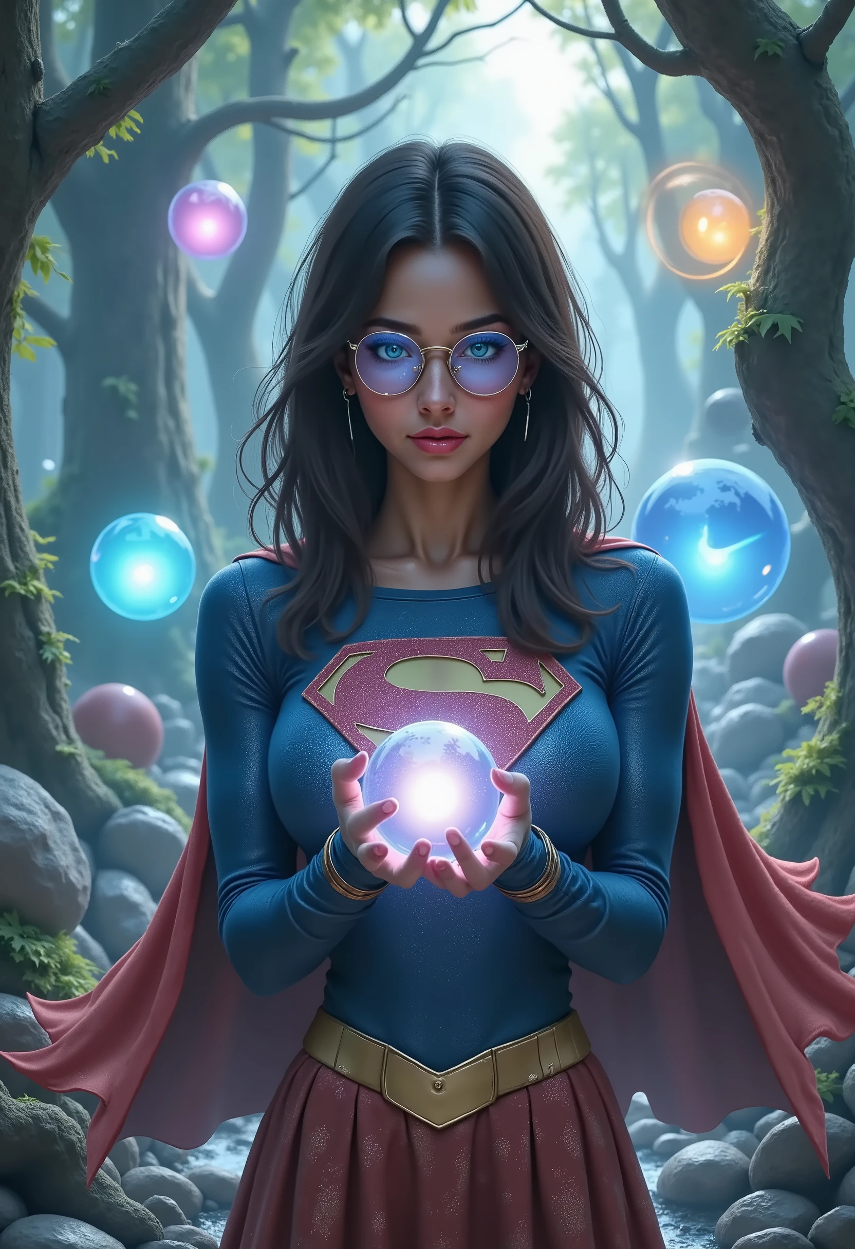 FLYING SELFIE, LEVITATING. BLUE EYES. WEARING A SUPERGIRL COSTUME AND CAPE.((1girl)), MATURE, dark hair, dark skin, shiny glasses lenses, mouth closed and expressioN, with her hands holding a BIG glowing orb while two other glowing spheres orbit around her. ARCANE FORREST BACKGROUND.