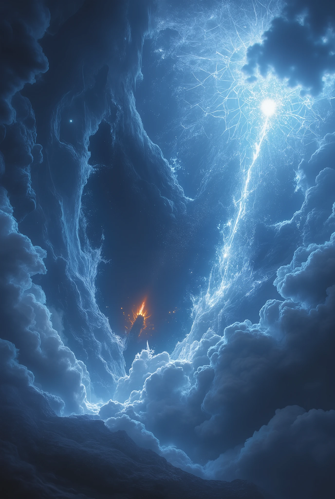 (8k,  top quality,   Masterpiece  ,  Final Fantasy Style: 1.2), (  realistic  , photo  realistic  : 1.37),  super detailed, God&#39;s Domain,  light and darkness meet in the sky ,  large dark cracks in a blue sky full of light, Cracks like glass breaking , On the other side of the rift is pitch black darkness, Large meteors burning from the dark world pour down on the ground in large numbers