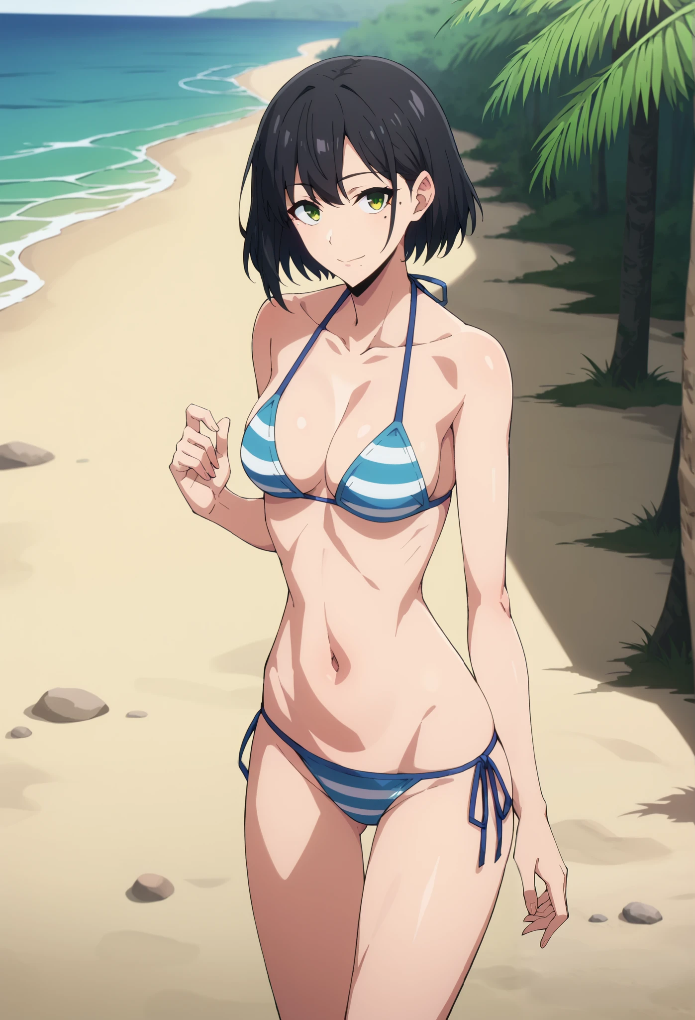 (masterpiece:1.2), (best quality:1.2), (photorealistic:1.1), 1girl, solo, (japanese:1.4), (gravure idol:1.3), (bikini:1.4), (beach:1.1), (okinawa:1.0), (clear blue water:1.1), (black hair:1.2), (straight hair:1.1), (cute smile:1.2), (looking at viewer:1.1), (beautiful:1.3), (attractive:1.2), (slender:1.1), (fair skin:1.2), (sun umbrella:0.9), (bright sunlight:1.1), (detailed skin:1.2), (water droplets:1.1), (seashells:0.8), (tropical flowers:0.8)