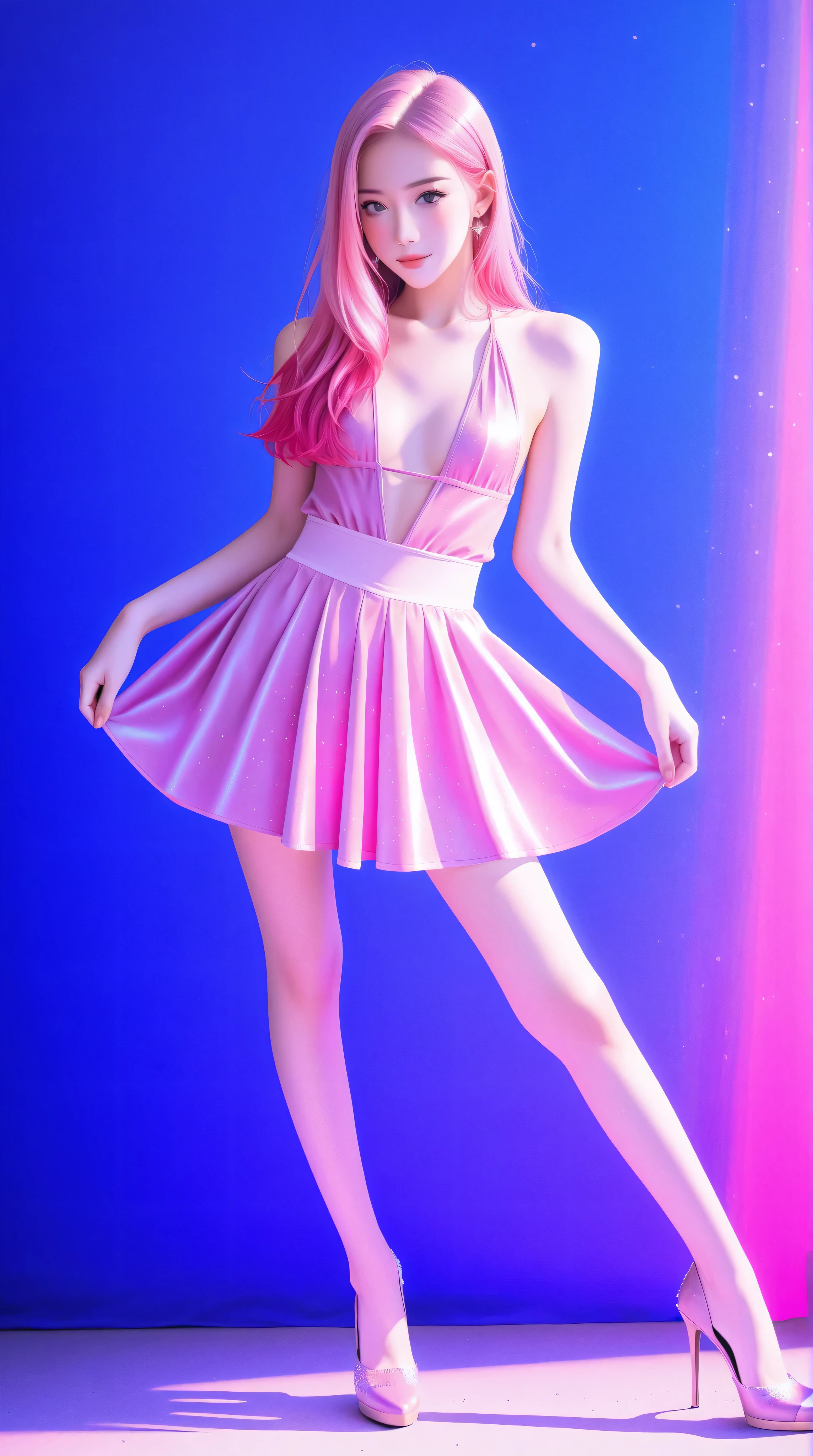 Japanese girl, (anime), manga, ulzzang, big purple eyes, sexy, Latex, sparkles, Pink Green Hair, posing, ((Glitter Dust)), dynamic shadows, masterpiece, bright colors, Shimmers, clear details, beautiful appearance, masterpiece, best quality, perfect anatomy, soft lighting, very aesthetic, official art, 8k, horny, small breasts, edgy graphic design, sexy pose, seducing viewer, leaning in, straight on, dynamic pose, shiny skin, (eyes looking off to side), Highly detailed, Amazing work,Vitreous luster, blues, purples, pinks, Best quality at best,shiny skin, no background, colorful background, blue background, pink background, purple background, plunging neckline, sexy pose, dynamic pose, heavy blushing, small breasts, full body,