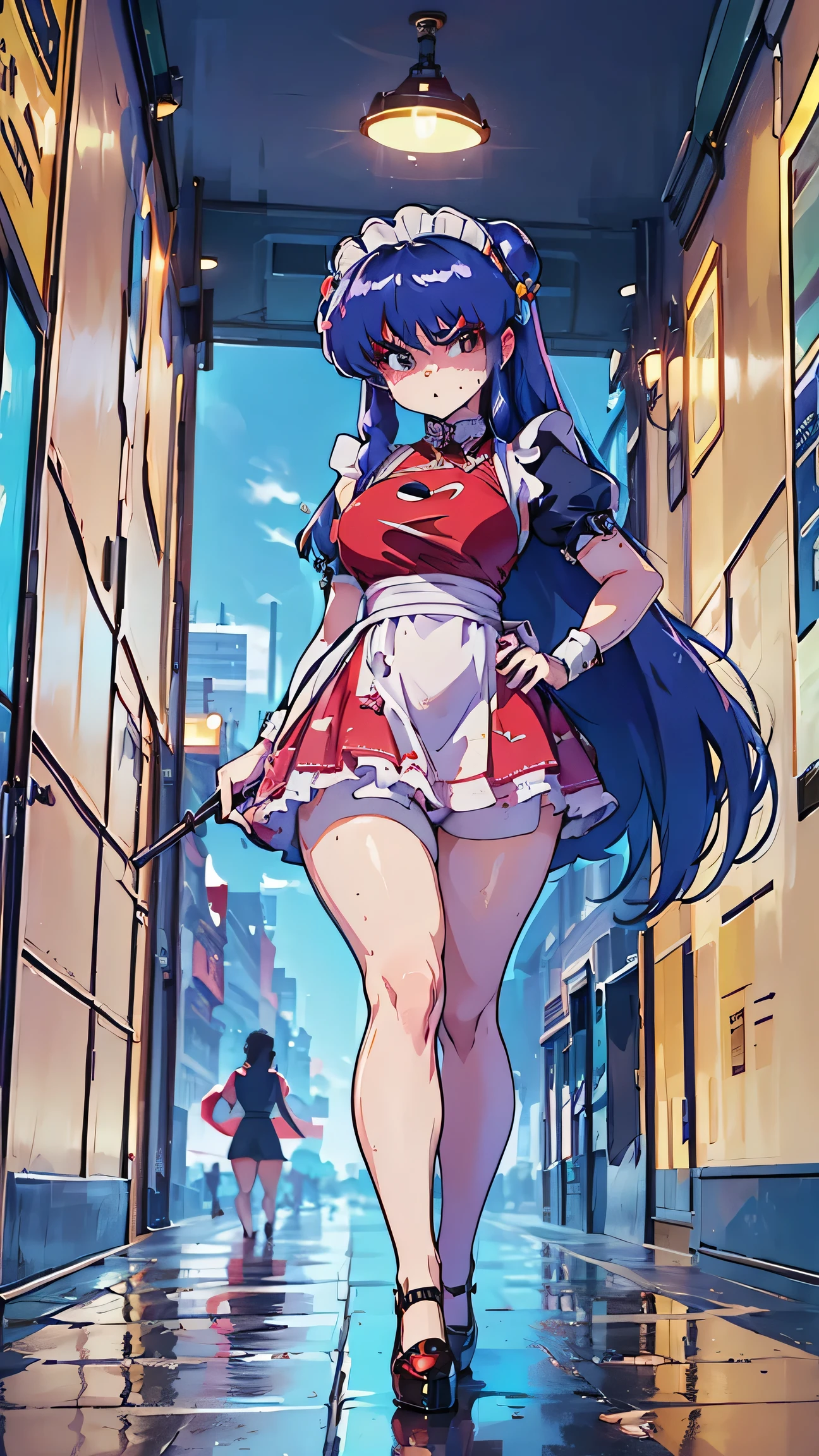 Shampoo, red eyes, purple long hair with two buns ((short maid dress)),  cute maid costume, full body view ((thick thighs)) ((botomless)), narrow waist, large hips, from below, blushing, vute, angry, ((shirt thug)), shinny skin, , sexy, hands on hips, toned body, muscular female, 1girl, solo, sexy, shinny skin, long legs, thigh blush, sweaty