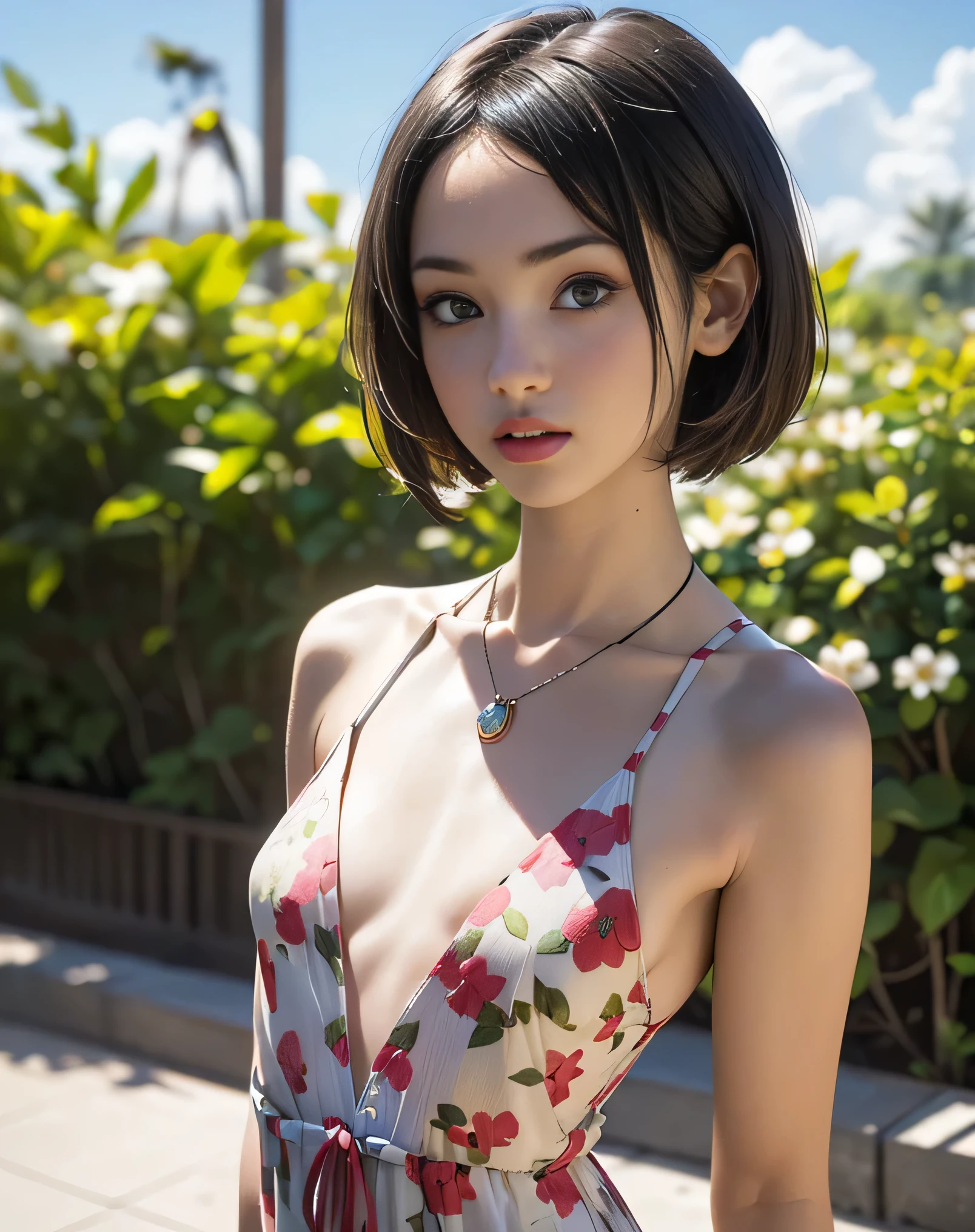 (Realistic:2.0),(High resolution:1.5),(1girl:1.5),(solo:1.6),(bloom),(slim Body:1.7),(looking at viewer),(Flat chest:1.8),(Realistic eyes),(sundress:1.3),skin_tight,(cool beauty:1.2),(tall height),(Female university student),(gallant),(very short hair:1.4),(bangs),Expensive necklace,(Resort:1.5),floral print,(Midsummer)