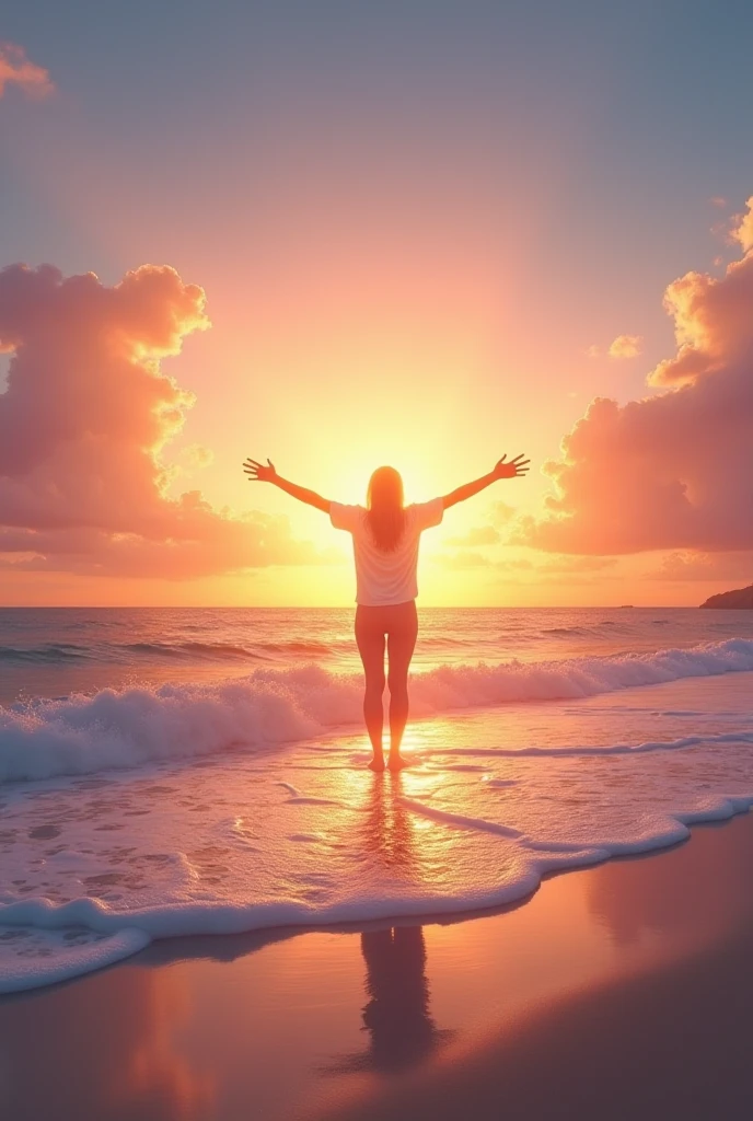 This image depicts a painting of Jesus Christ walking on water with his arms outstretched upwards worshiping heaven. The scene is peaceful, with clouds in the sky combining the colors sky blue and sunset orange and a sense of tranquility. The colors of the painting are mainly earth tones, with warm orange accents.view extreme wide shot, Nikon D850 camera with a Nikkor f/2.8E FL ED VR lens
