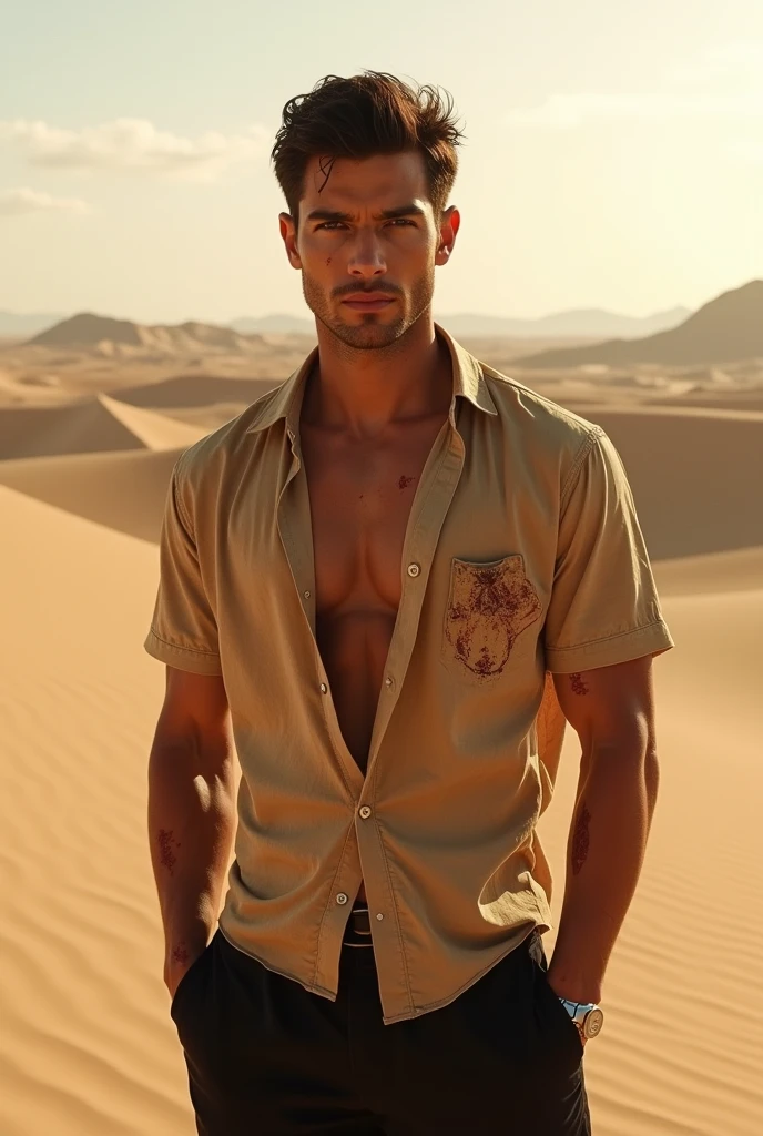 A handsome beautiful slim white skin shirtless man in the desert with two leopards