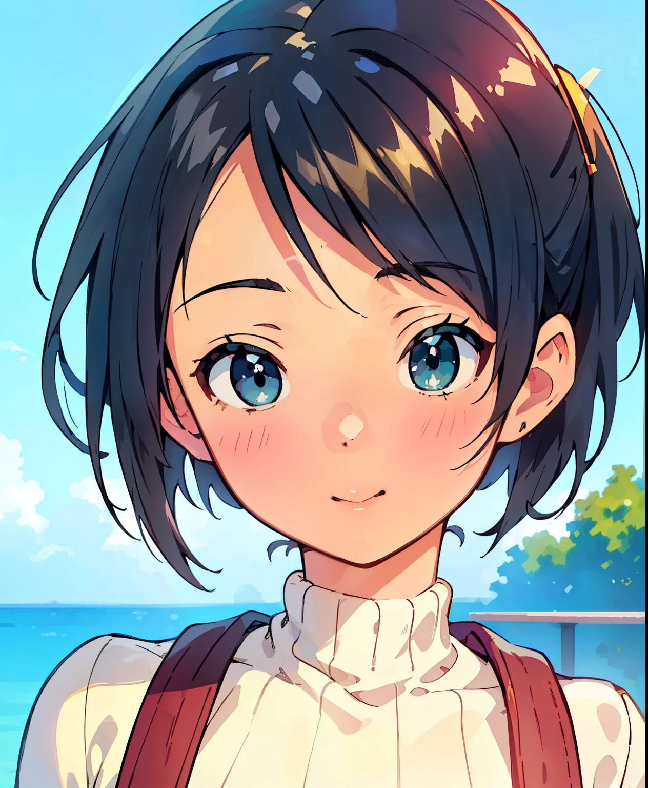(Masterpiece、 best quality 、 best quality 、 Official Art、 beautiful and beautiful :1.2)、( one girl:1.3) Hatsune Miku、 twin tails, beautiful breasts , best quality , Ultra Fine, ( photorealistic:1.4),SUNSET LIGHT, ponytail, Korean women, detailed pictures, smiles, sexy, black shirt , facing the camera , close-up (Masterpiece: 1.3), (8k, photorealistic, best quality : 1.4), ( 1 girl), beautiful faces, ( Realistic Face), ( black hair, short hair: 1.3), Beautiful hairstyle, Realistic eyes, BEAUTIFUL DETAIL EYES, (realistic skin), Beautiful skin, ( sweater ), absurd, charming, super high resolution, super real, high definition , Golden Ratio