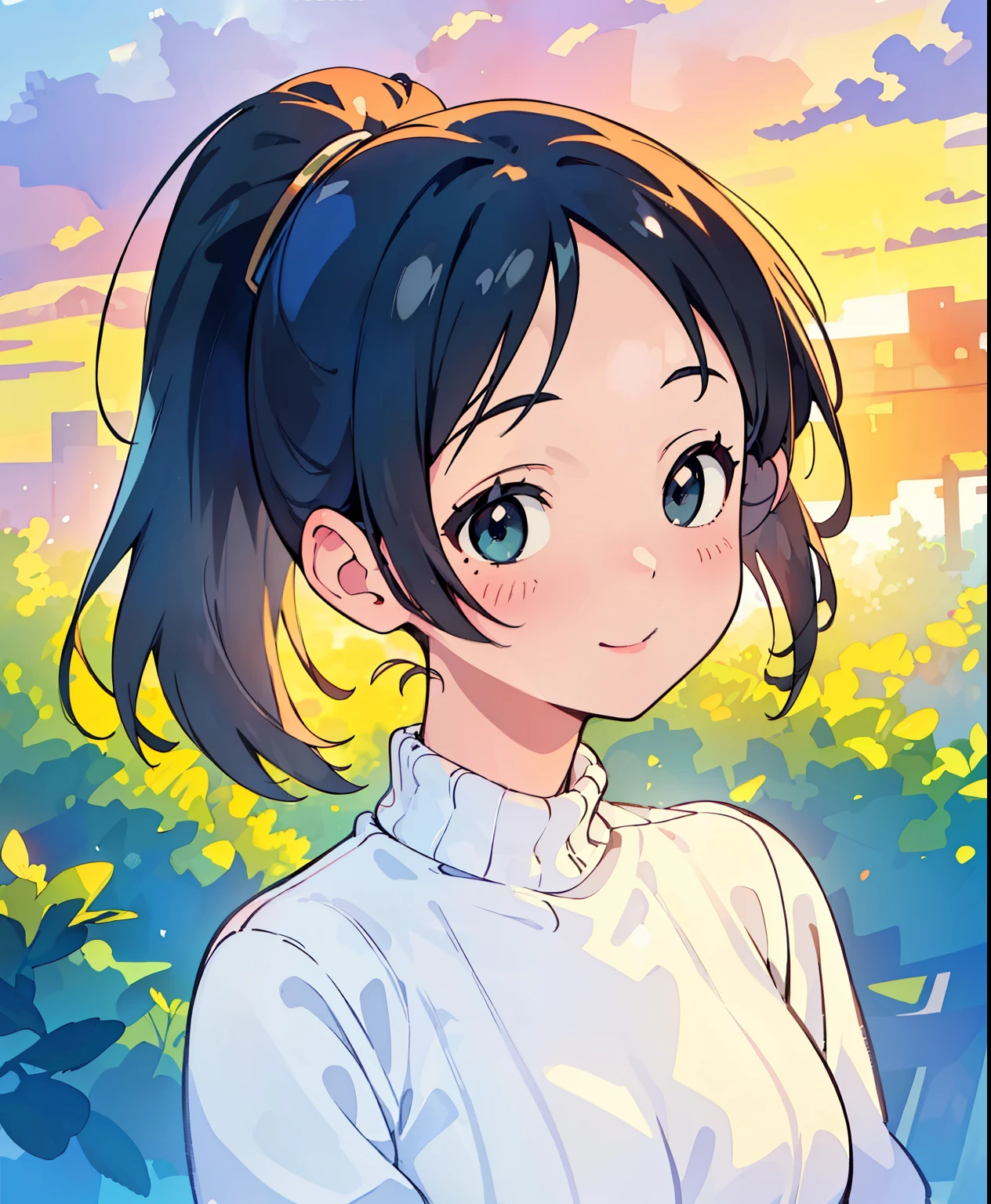 (Masterpiece、 best quality 、 best quality 、 Official Art、 beautiful and beautiful :1.2)、( one girl:1.3) Hatsune Miku、 twin tails, beautiful breasts , best quality , Ultra Fine, ( photorealistic:1.4),SUNSET LIGHT, ponytail, Korean women, detailed pictures, smiles, sexy, black shirt , facing the camera , close-up (Masterpiece: 1.3), (8k, photorealistic, best quality : 1.4), ( 1 girl), beautiful faces, ( Realistic Face), ( black hair, short hair: 1.3), Beautiful hairstyle, Realistic eyes, BEAUTIFUL DETAIL EYES, (realistic skin), Beautiful skin, ( sweater ), absurd, charming, super high resolution, super real, high definition , Golden Ratio