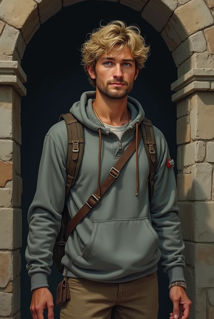 Back view of a man standing in a dark wooden room、Very detailed, Live Action、Ultra-realistic digital portrait of Link from The Legend of Zelda, Very detailed facial features, Piercing blue eyes, Sharp jawline, disheveled brown hair, Confident expression, Green themed elven clothing