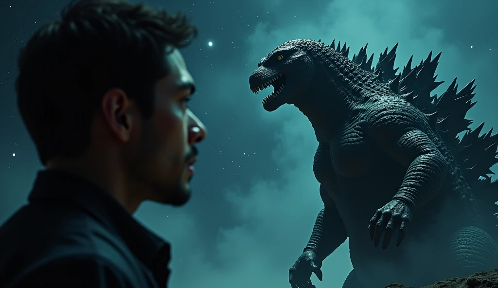Male, 25 years old, Asian, good looking, white skin. Wear a sweater and jeans and stand facing the camera. In the background, Godzilla is breathing fire forward.