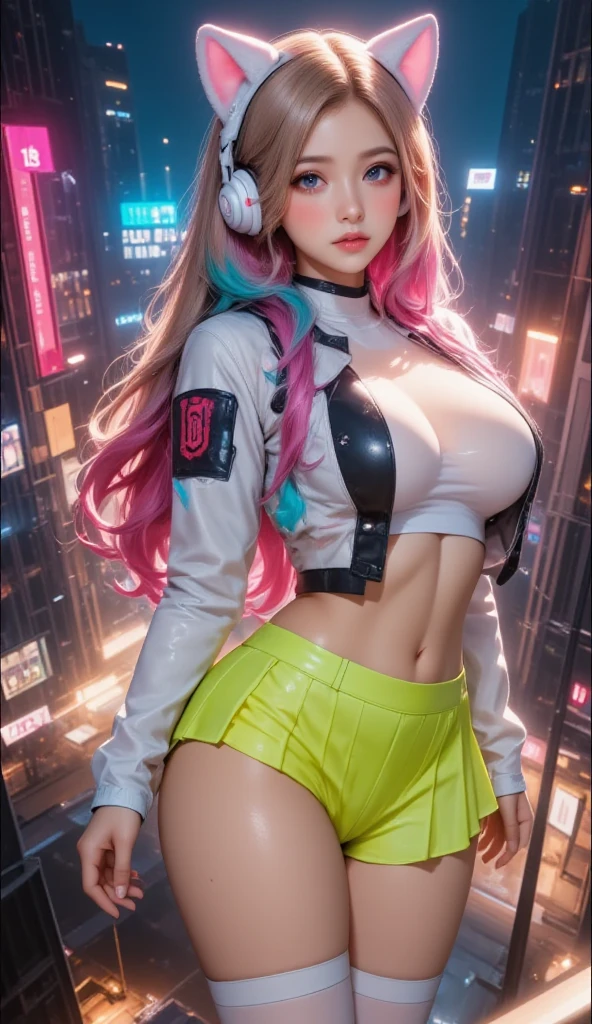Blonde woman in futuristic outfit poses in front of neon lights, dreamy cyberpunk girl, cyberpunk with neon lighting, bright cyberpunk glow, cyber punk style, cyberpunk photo, in cyberpunk aesthetic, cyberpunk lighting, cyberpunk bodysuit, Cybernetics glows, white cyborg fashion shot, cyberpunk atmosphere, in a cyberpunk setting, muted cyberpunk style, cables on her body, realistic , full body