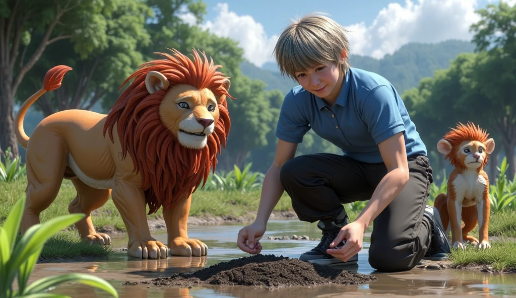 Dois personagens, Um majestoso dinossauro azul frente e um cachorro em tons de marrom