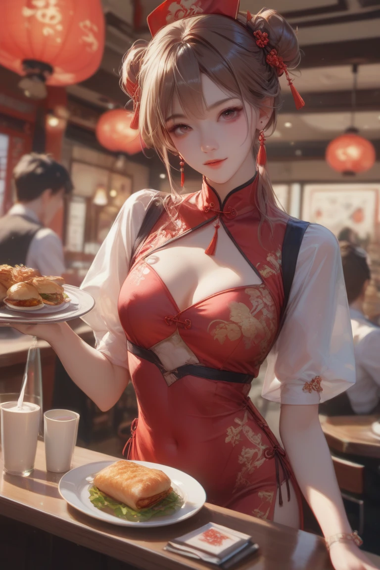Pretty slender bunny girl, (huge breasts), long bunny ears, large blue eyes, fluffy tail, long blonde hair, mouth open, red cheeks, black Chinese style dress with gold embroidery, red leather slave collar, red lace stockings, in an open air market, near an ice cream stand, licking an ice cream cone,