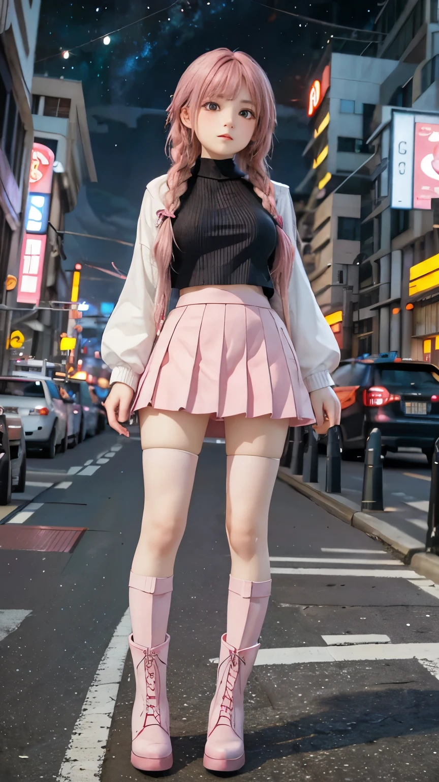 high resolution, best quality, masterpiece, very high image quality, Super detailed, Surrealism, 3D, Japanese cartoons, illustration, fantasy, Hard Rock Girl, Very pretty and cute, Pink wavy hair, Side braids, mini skirt, Knee socks, Engineering boots, Background cyberpunk city galaxy  