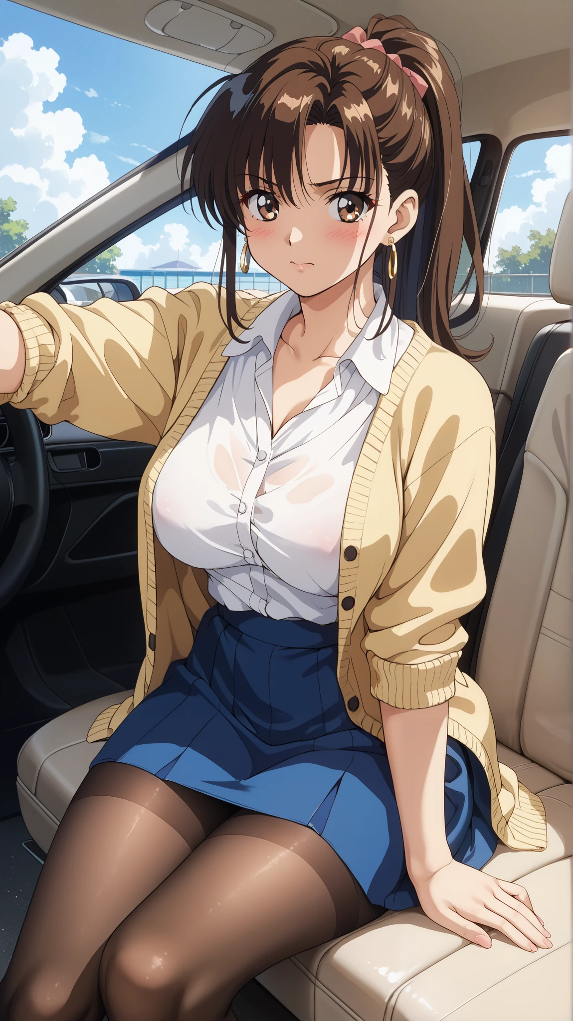 Passenger seat of a car、Outside is a night park 、 1 girl, black pantyhose 、 bangs、 tea hair、 mature woman , retro art style 、 big breast, 1990s brown eyes , earrings, detailed face 、 ponytail、 high resolution、Trained legs、 steam 、(( steam、 white blouse、 Yellow Cardigan 、 rolled up blue skirt 、 Very Embarrassed Face 、))