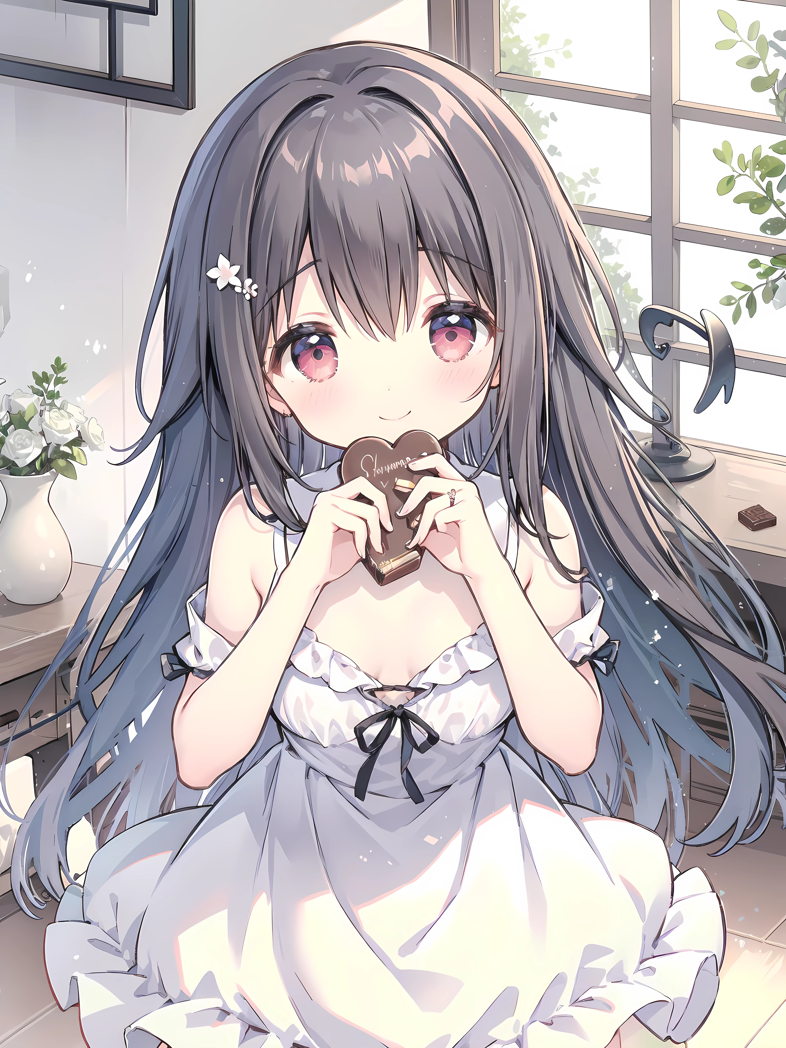 Nardack style lora, a soft and enchanting high school girl, her short stature is cute little , her hair is dark black and her eyes are amber red , The high school girl wears a luxurious and elegant wedding dress, Feed the viewer a piece of Valentine's chocolate, her eyes closed next to winking like a flirty girl, smiling sweetly , close up