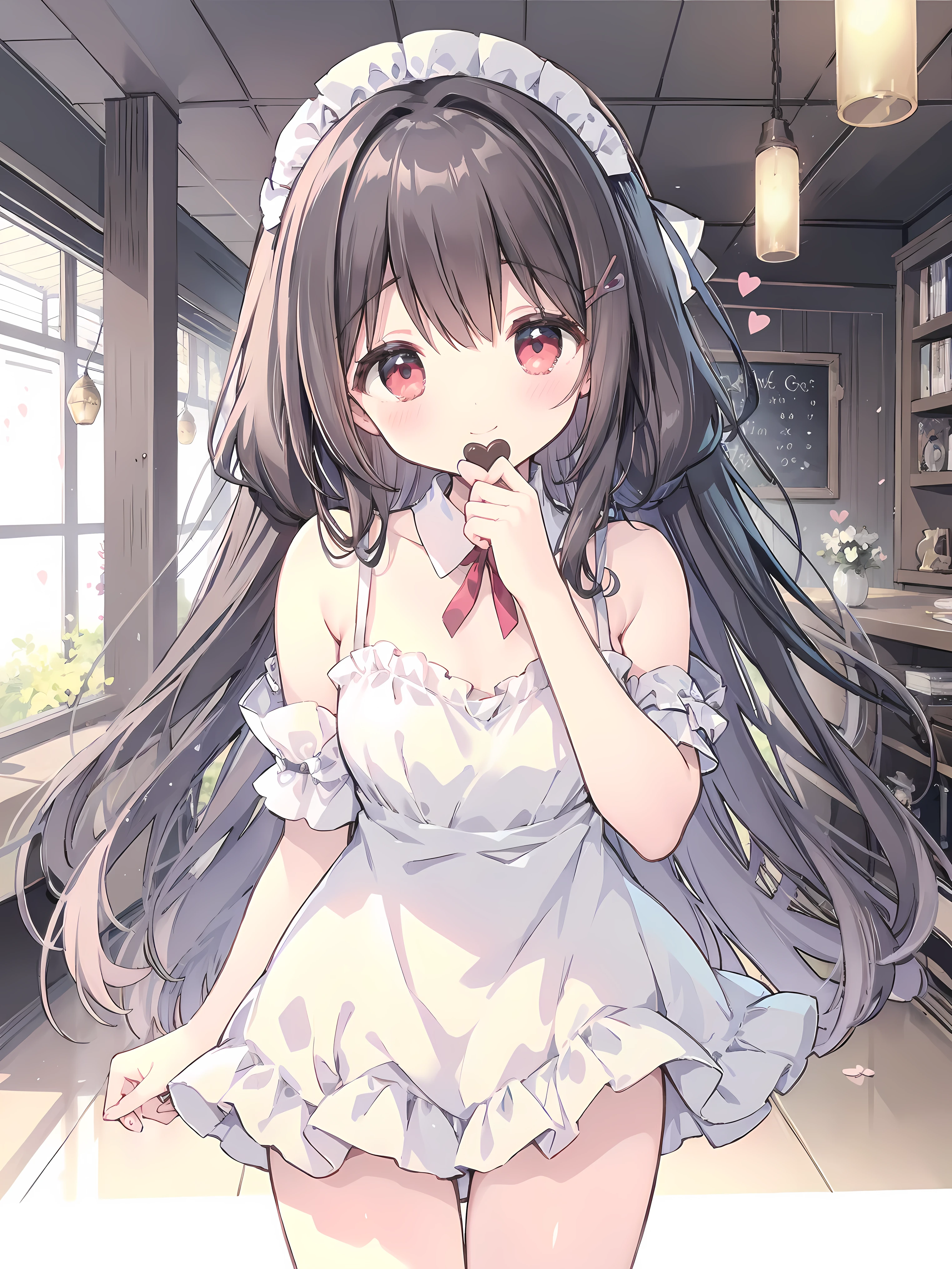 Nardack style lora, a soft and enchanting high school girl, her short stature is cute little , her hair is dark black and her eyes are amber red , The high school girl wears a luxurious and elegant wedding dress, Feed the viewer a piece of Valentine's chocolate, her eyes closed next to winking like a flirty girl, smiling sweetly , close up
