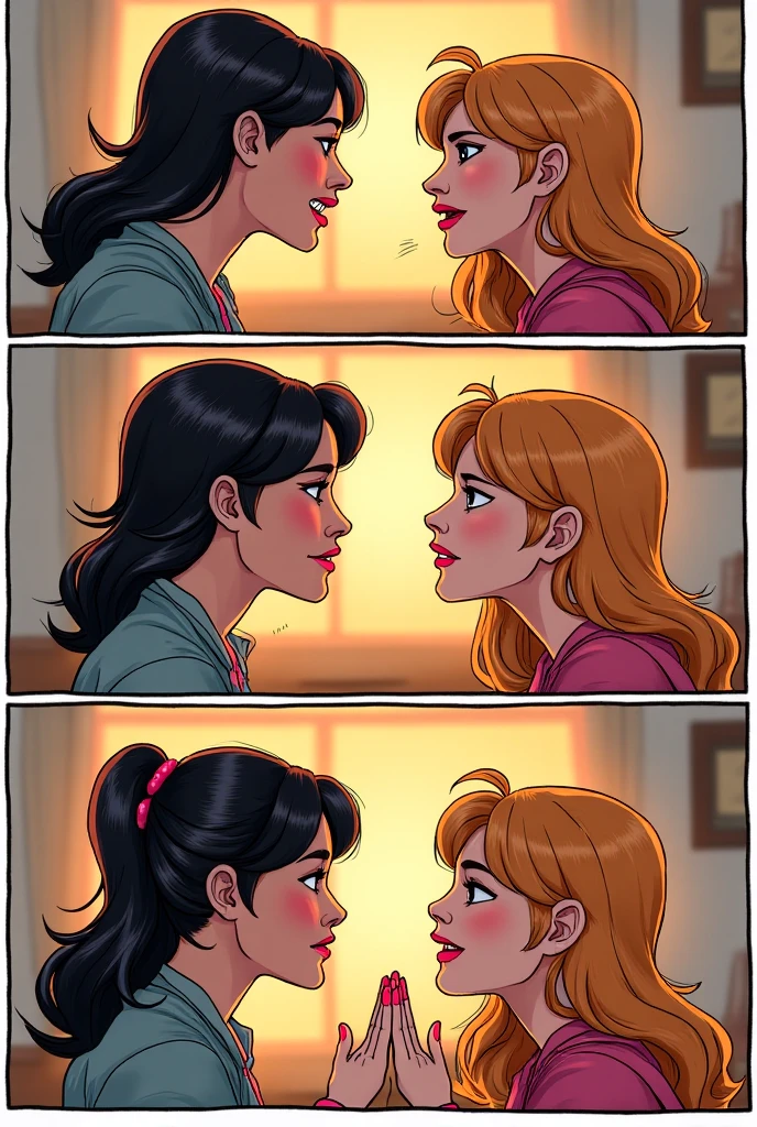 2 girls, kiss very hot, one girl - The other is tall and short, with dark hair, and the other is tall.