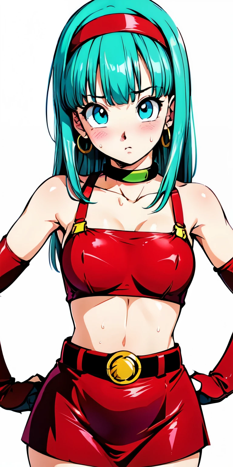 1 Female,High definition,high resolution,Ultra-realistic,8K,bulla, 1girl, solo, long hair, straight hair, blunt bangs, aqua hair, blue eyes, eyelashes,
red hairband, elbow gloves, red gloves, fingerless gloves, red crop top, midriff, bare shoulders, belt, hoop earrings, bridal gauntlets, red skirt, thigh boots, red footwear, (black thong),European,sexy,Upper body close-up,Photographed from the front,Dynamic Angles,blush, (big ),cute face, facial, sweat, perfect face, perfect body,(wide thighs:1.3),cute face,cameltoe,(arms behind head)