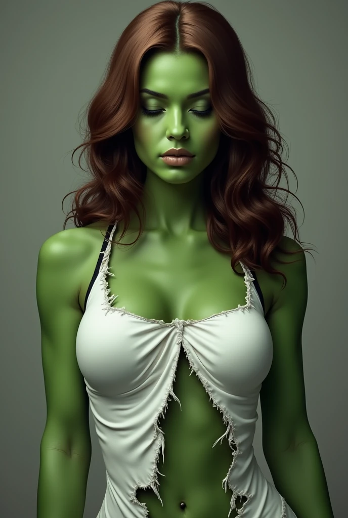 Orion beautiful woman, (green skin:1.25), busty, white elegant dress, office background, red short male hair, hair bangs, highest resolution, , 4k, realistic shadows