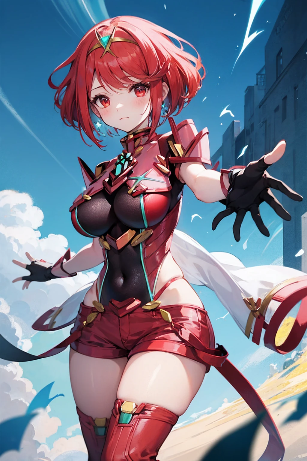 Anime illustration、highest quality、Fantasy、Voluptuous Companion、Red Hair、Rash guard、hot pants、Xenoblade Chronicles 2、Homura、Big Breasts、Thick legs、Beautiful, shining eyes、smile、Noise Reduction