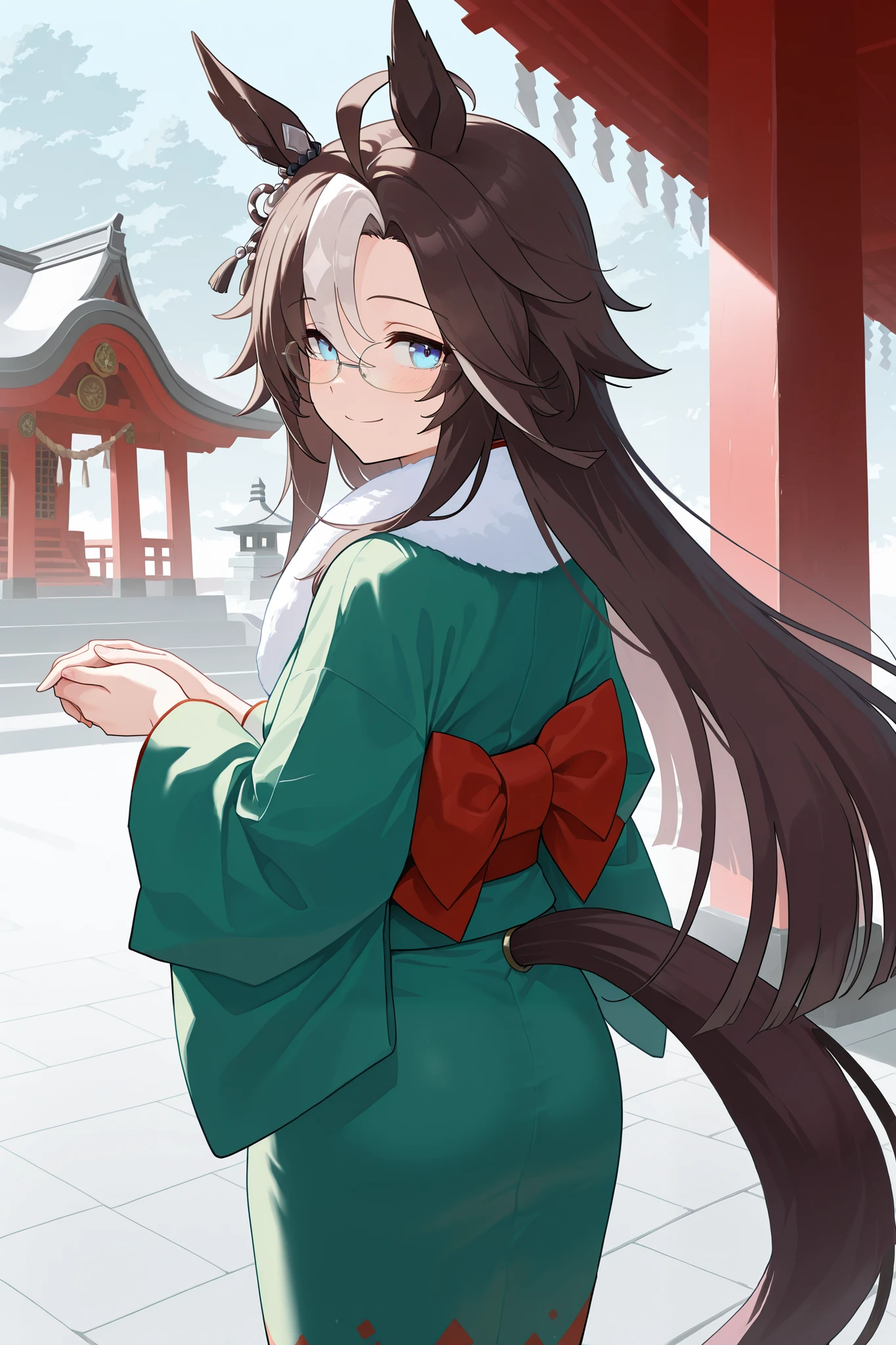 NSFW,masterpiece, best quality , high resolution, very detailed on trends,dreamjourney\( Uma Musume\),blue eyes,Glasses, kimono,Long-sleeved kimono,fur collar,shrine,first visit of the year to a shrine,smile, back view, Looking Back, holds hands
