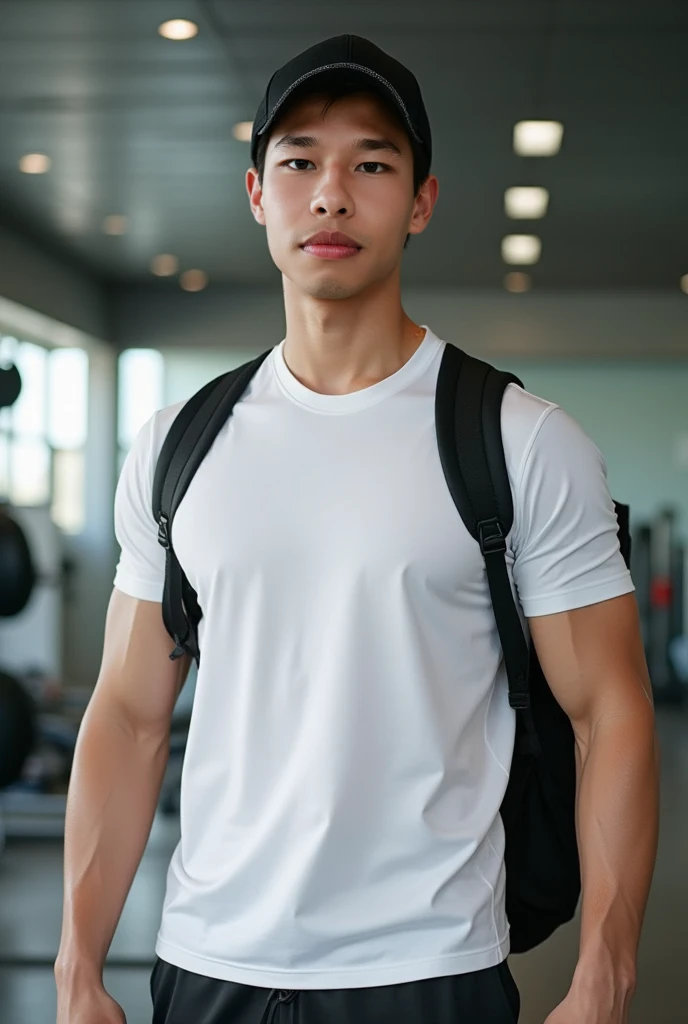 Japanese men、15 years old、Well-developed muscles and smooth skin、Red shaved head、Relaxed and friendly smile、Thin black boxer briefs、The whole body is visible from toes to head、Fist pump in the locker room、