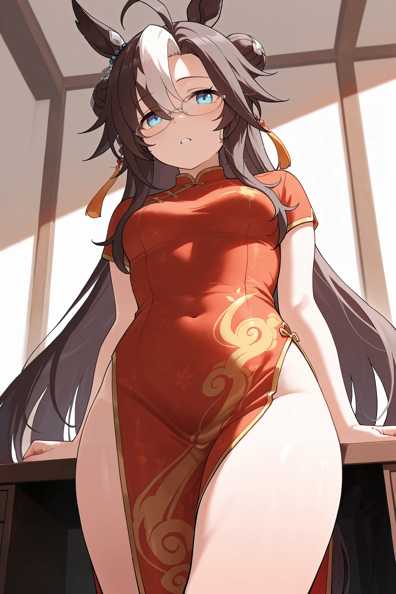 NSFW,masterpiece, best quality , high resolution, very detailed on trends,dreamjourney\( Uma Musume\),blue eyes,Glasses, China dress 
