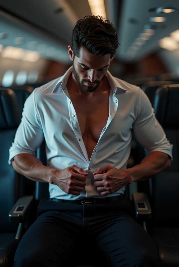(male), handsome male CA, flight attendant, tan, muscular, full-body, chest visible from uniform, in airplane, (high detail: 1 of 1), natural skin, high quality, NSFW, beautiful eyes, (detailed face and eyes), (face: 1 2), noise, real photo, PSD, sharp focus, high resolution 8K, realistic, professional photo, 8K UHD, soft lighting, high quality, film grain, Fujifilm XT3